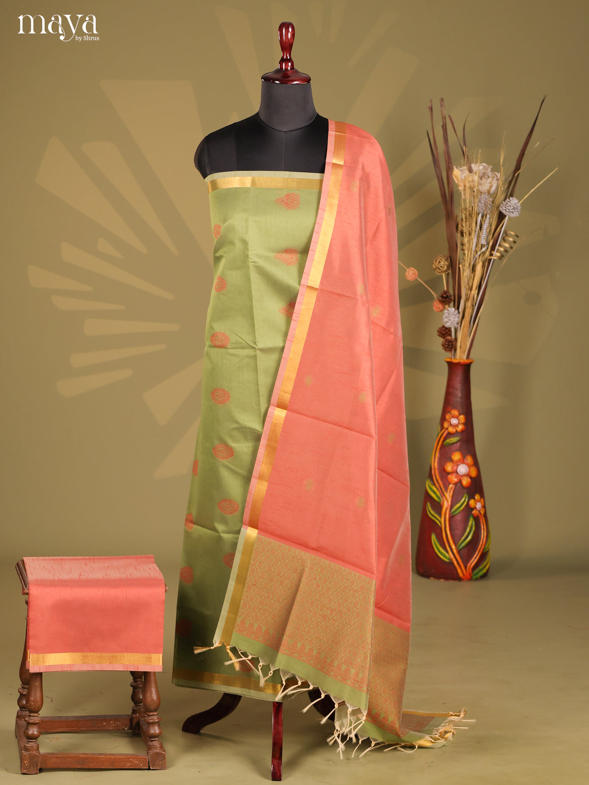 Green & Peachish Pink - Semi rawsilk salwar