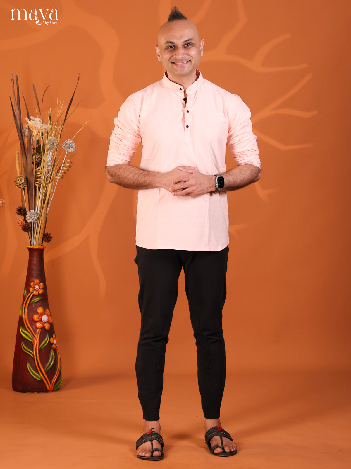 Baby Pink Cotton Solid Short Men Kurta