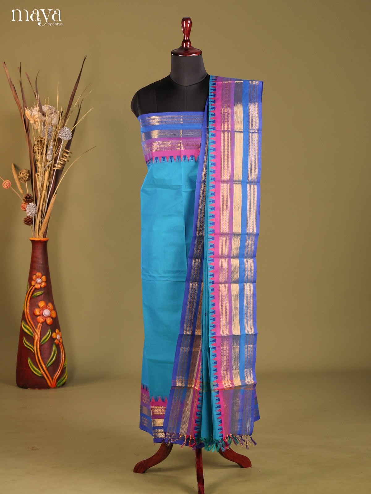 Blue & Pink - chettinad top & dupatta combo