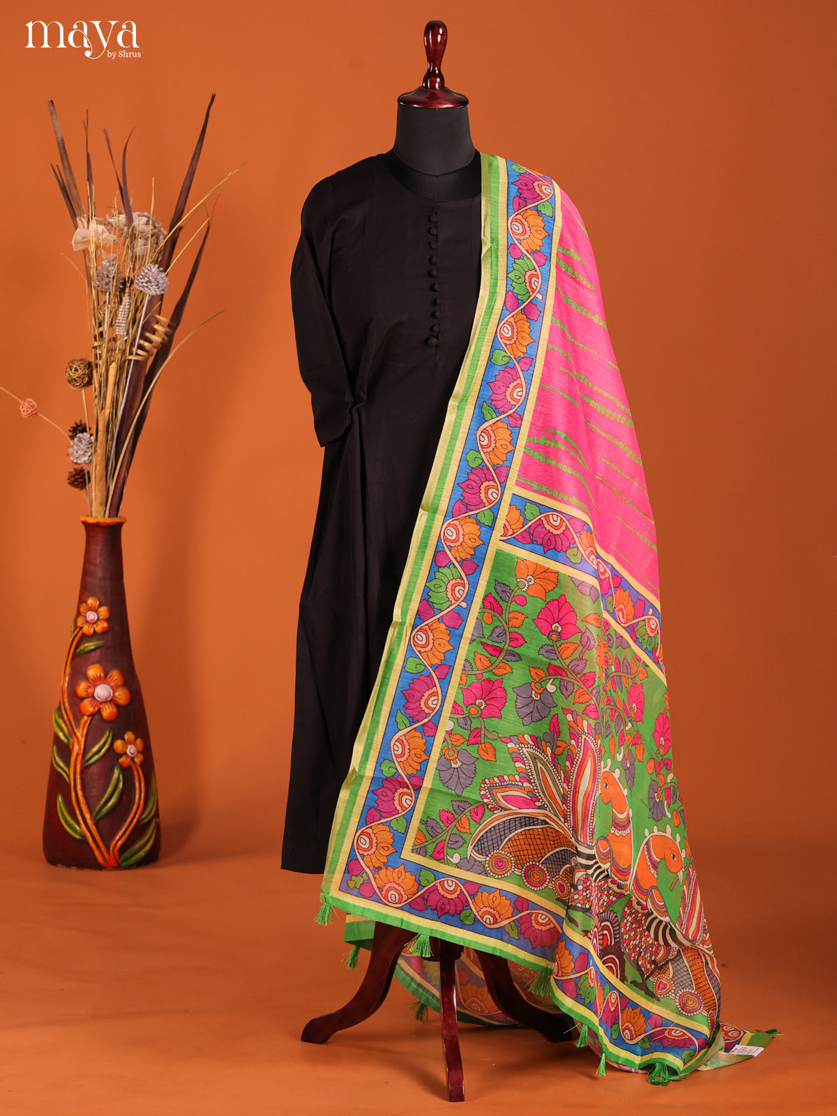 Pink & Green -Semi Maheshwari Print Dupatta