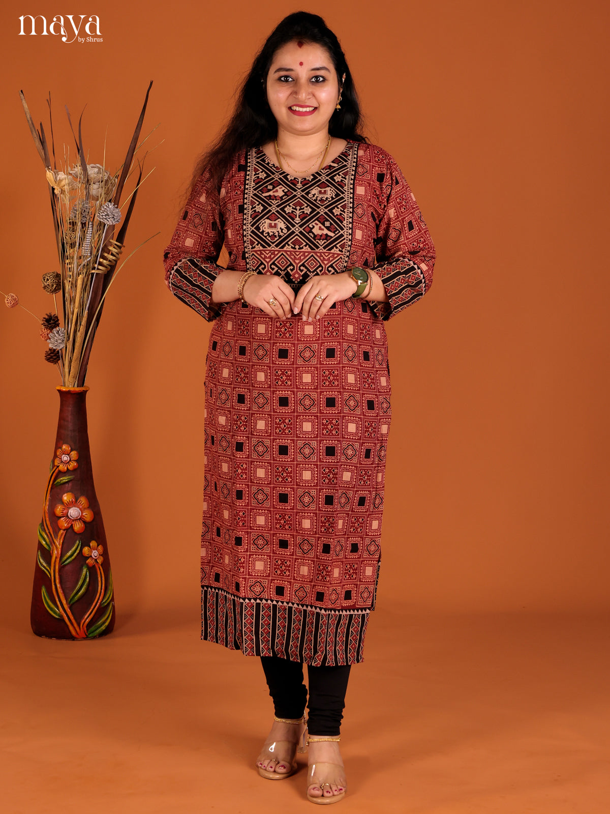 Red & Black Ajrakh Printed Readymade Kurti