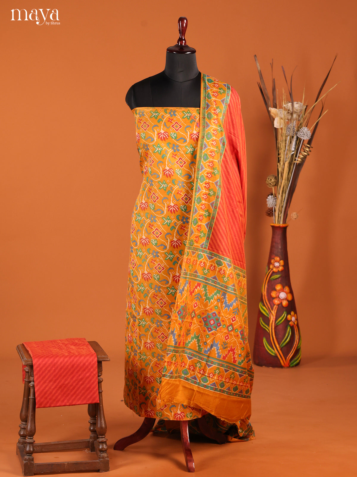 Classy Mustard & Purple Semi Patola Salwar Suit Material With Floral Vines