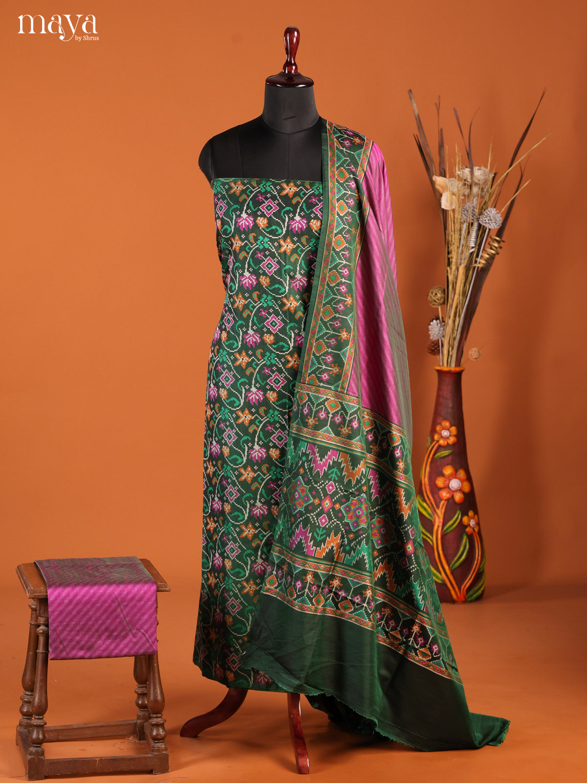 Radiant Green & Purple Semi Patola Salwar Suit Material With Floral Vines
