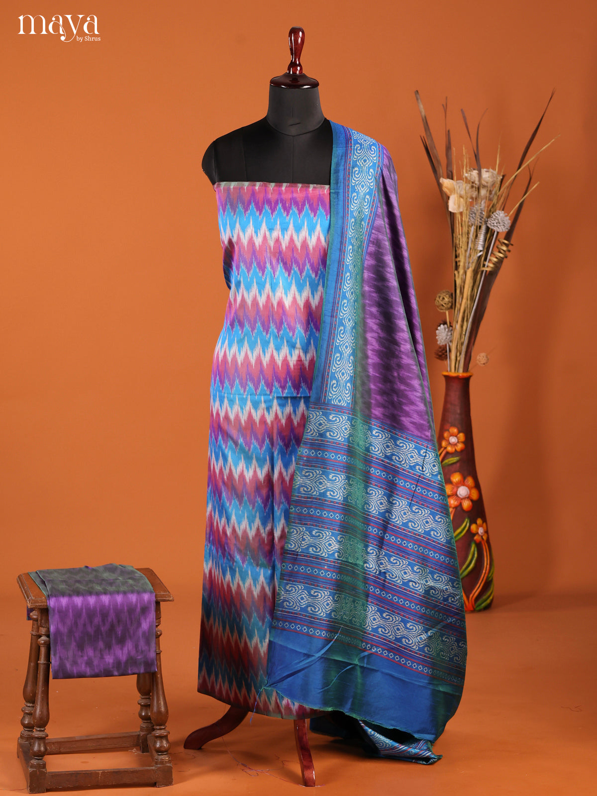 Pretty Blue & purple Semi Patola Salwar Suit Material With Ikkat Pattern
