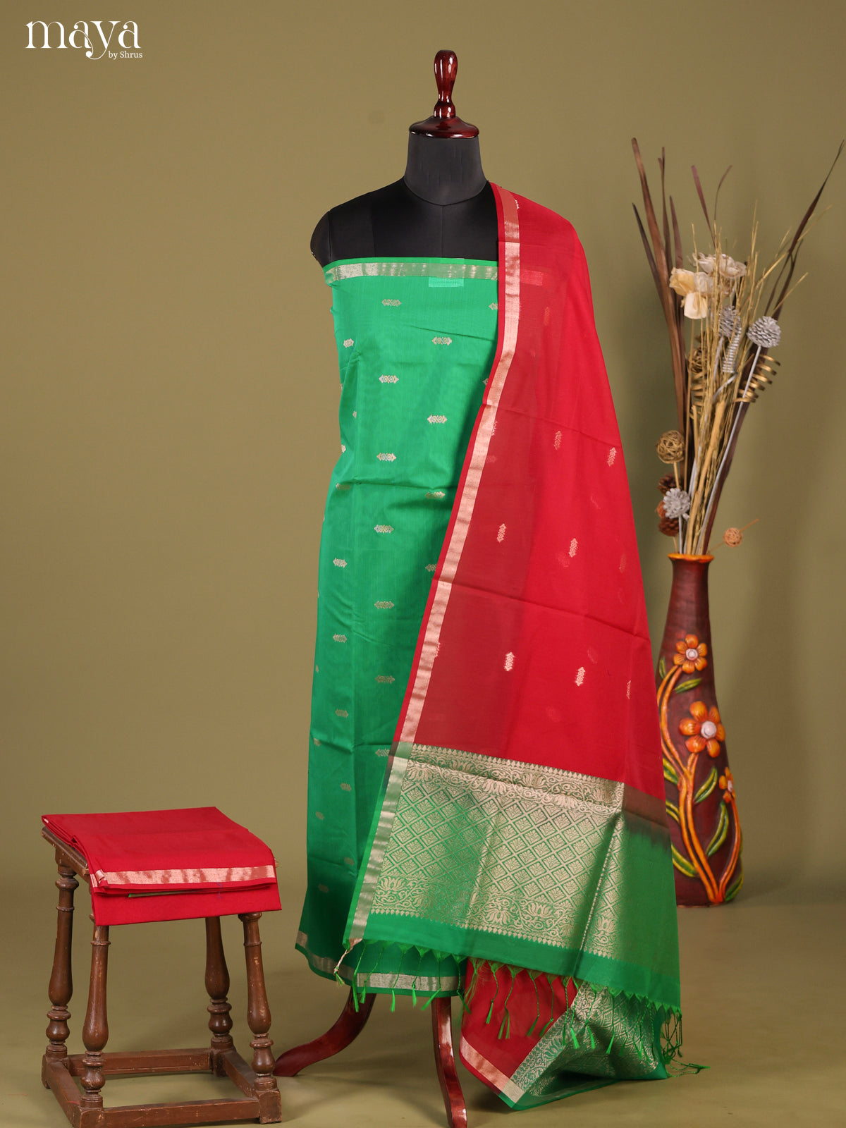 Green & Red-Semi silkcotton salwar unstitch