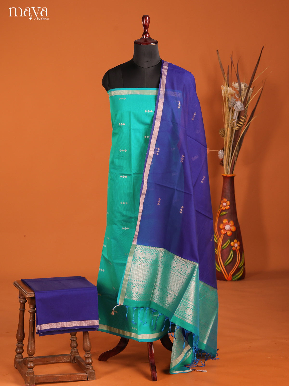 Green & Blue-Semi silkcotton salwar unstitch