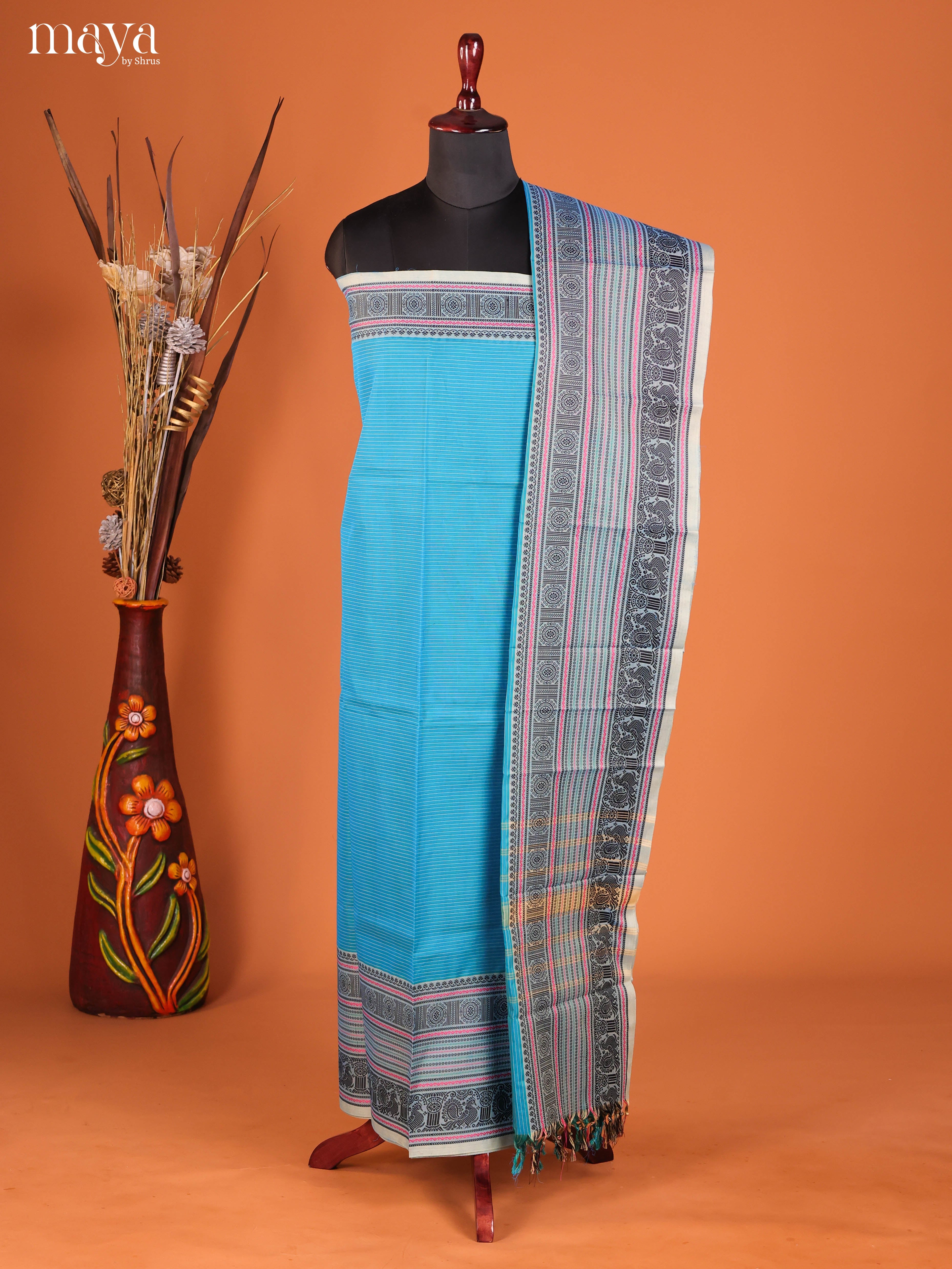 Serene Blue Chettinad Cotton Top & Dupatta Set With Thread Woven Border