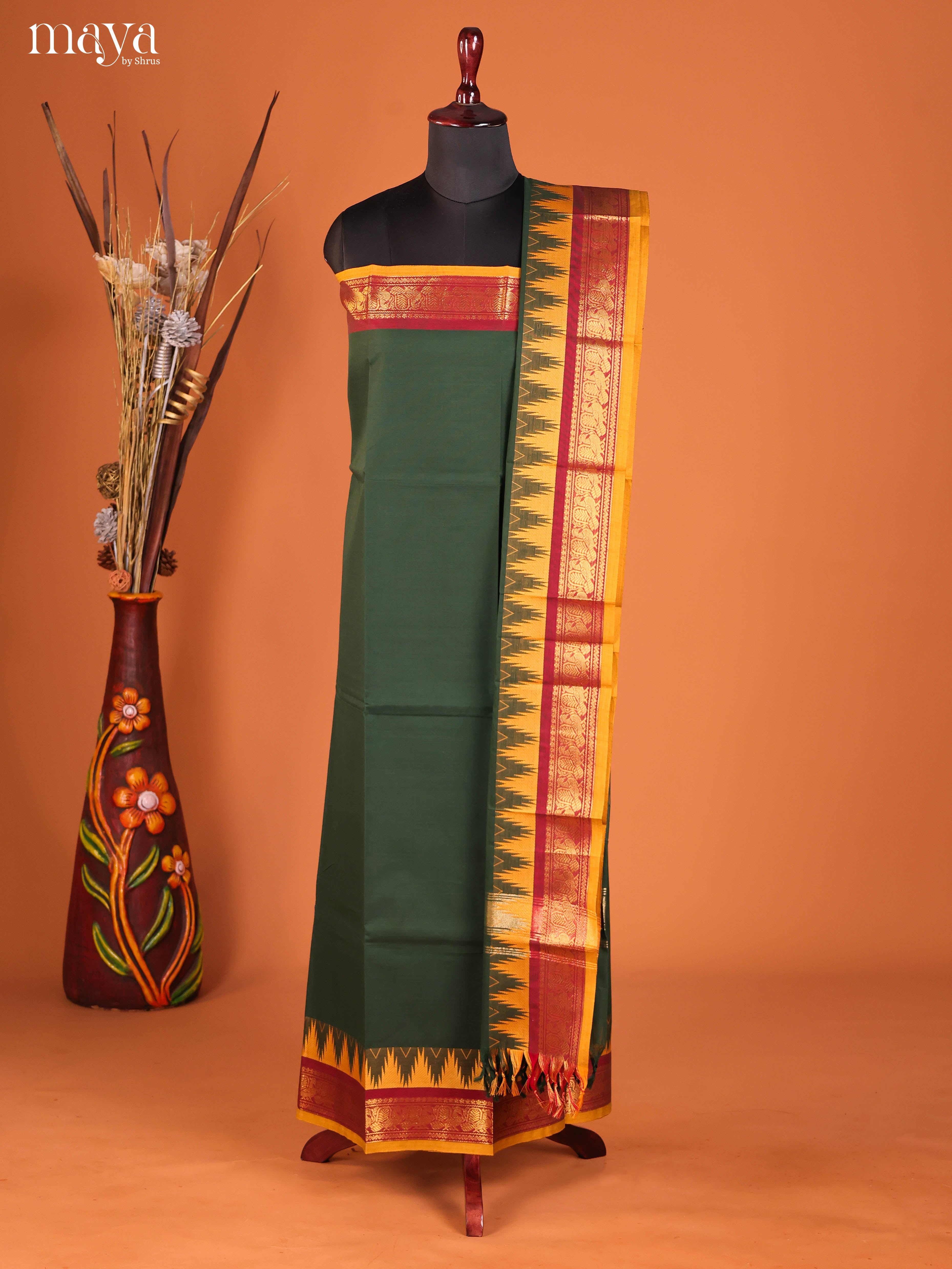 Striking Dark Green Chettinad Cotton Top & Dupatta Set With Temple Zari Border