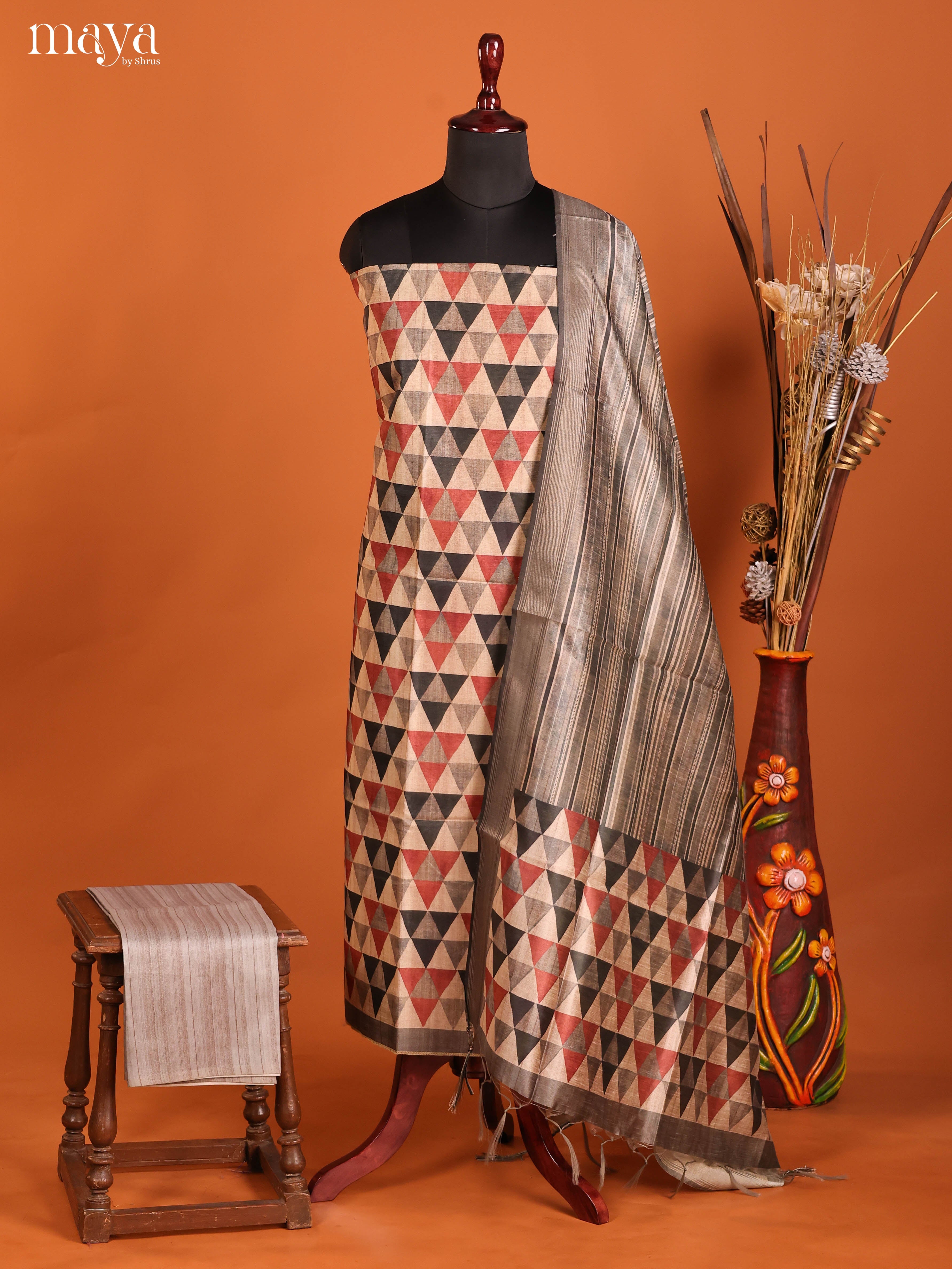 Sophisticated Black & Grey Geometric Semi Tussar Salwar Suit Material