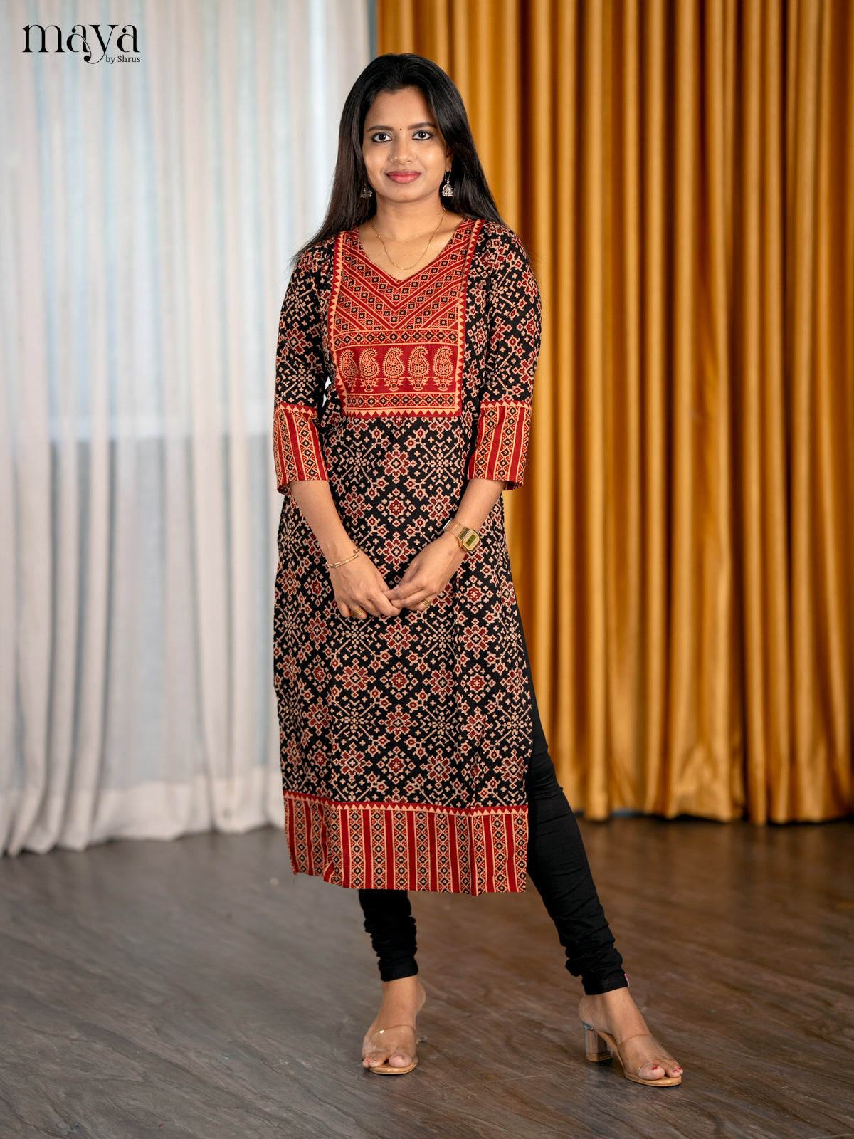 Pretty Black & Red Cotton Readymade Long Kurti