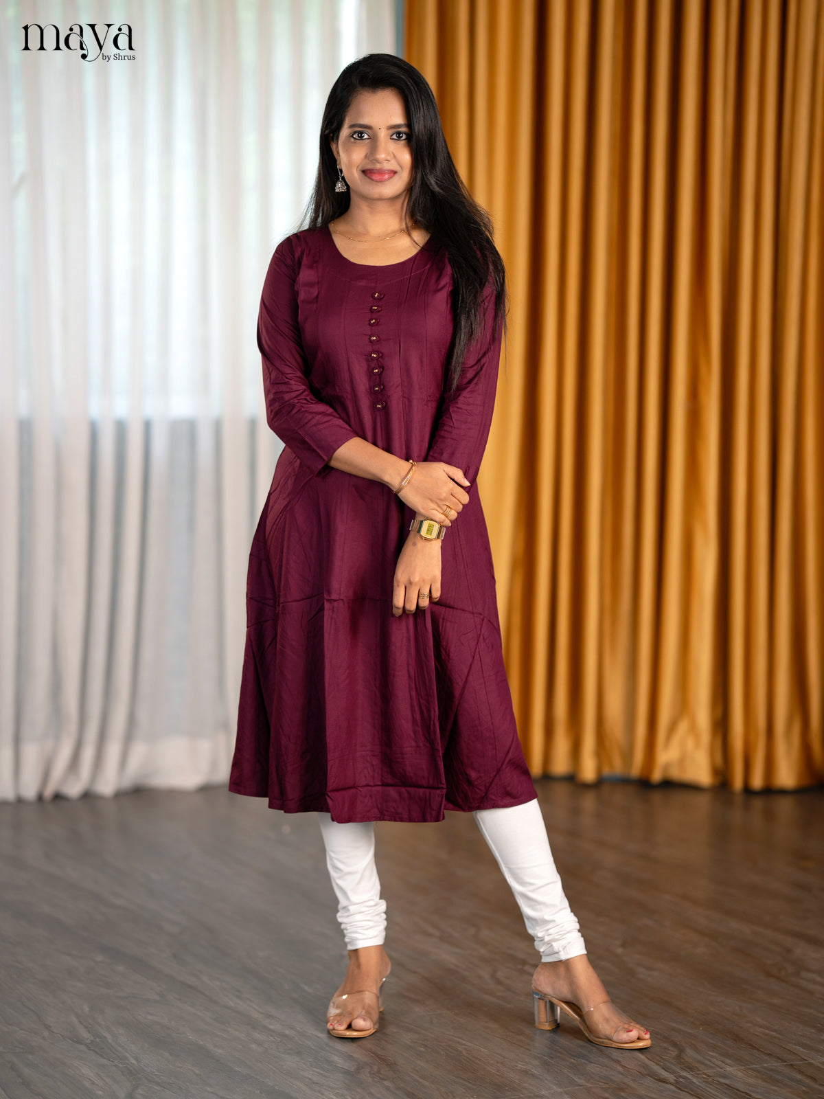 Elegant Deep maroon A Line Kurti With Round Neck