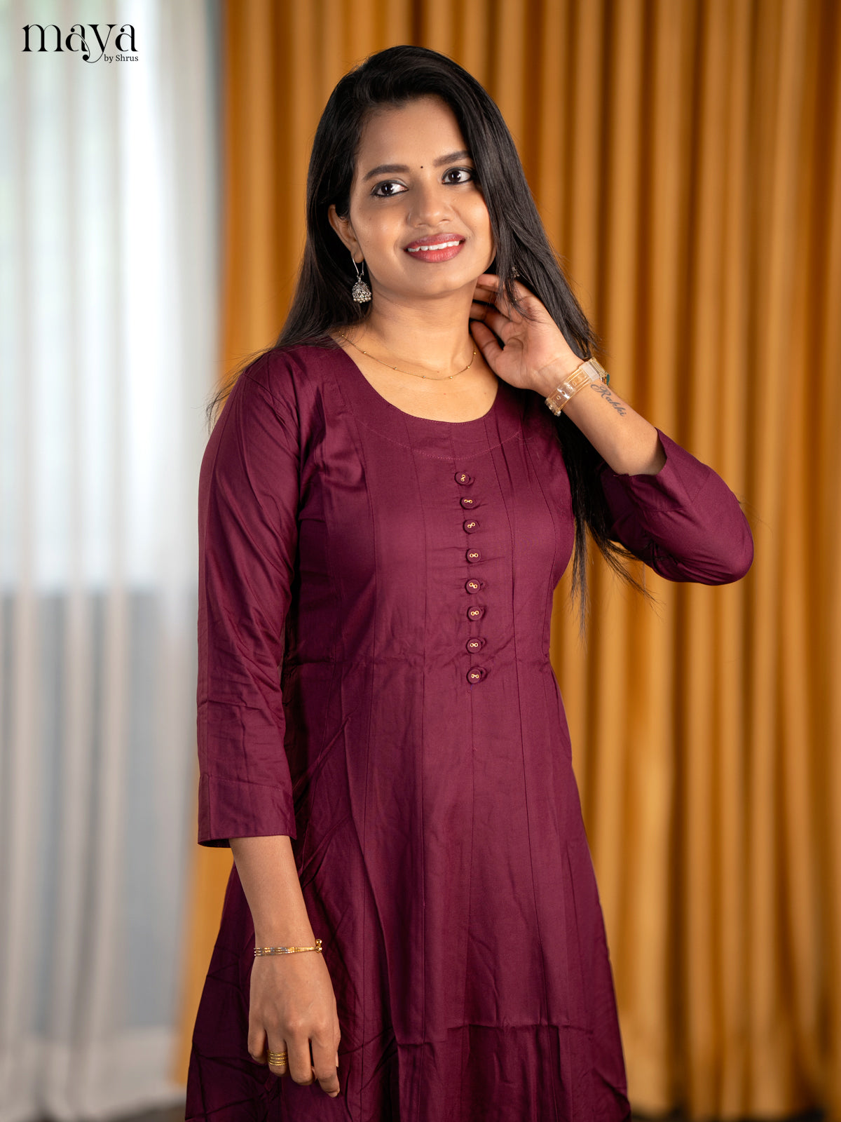 Elegant Deep maroon A Line Kurti With Round Neck
