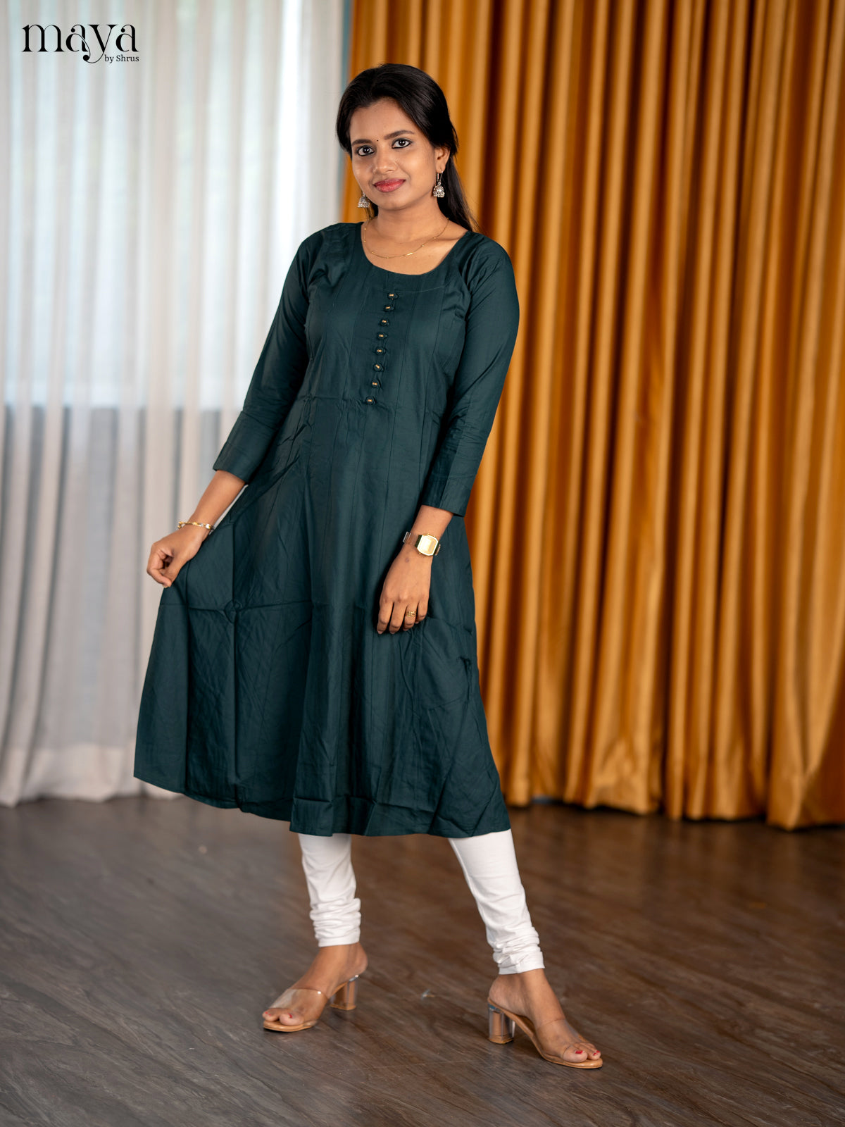 Dark Green A Line Kurti With Pin-tuck Details & Round Neck