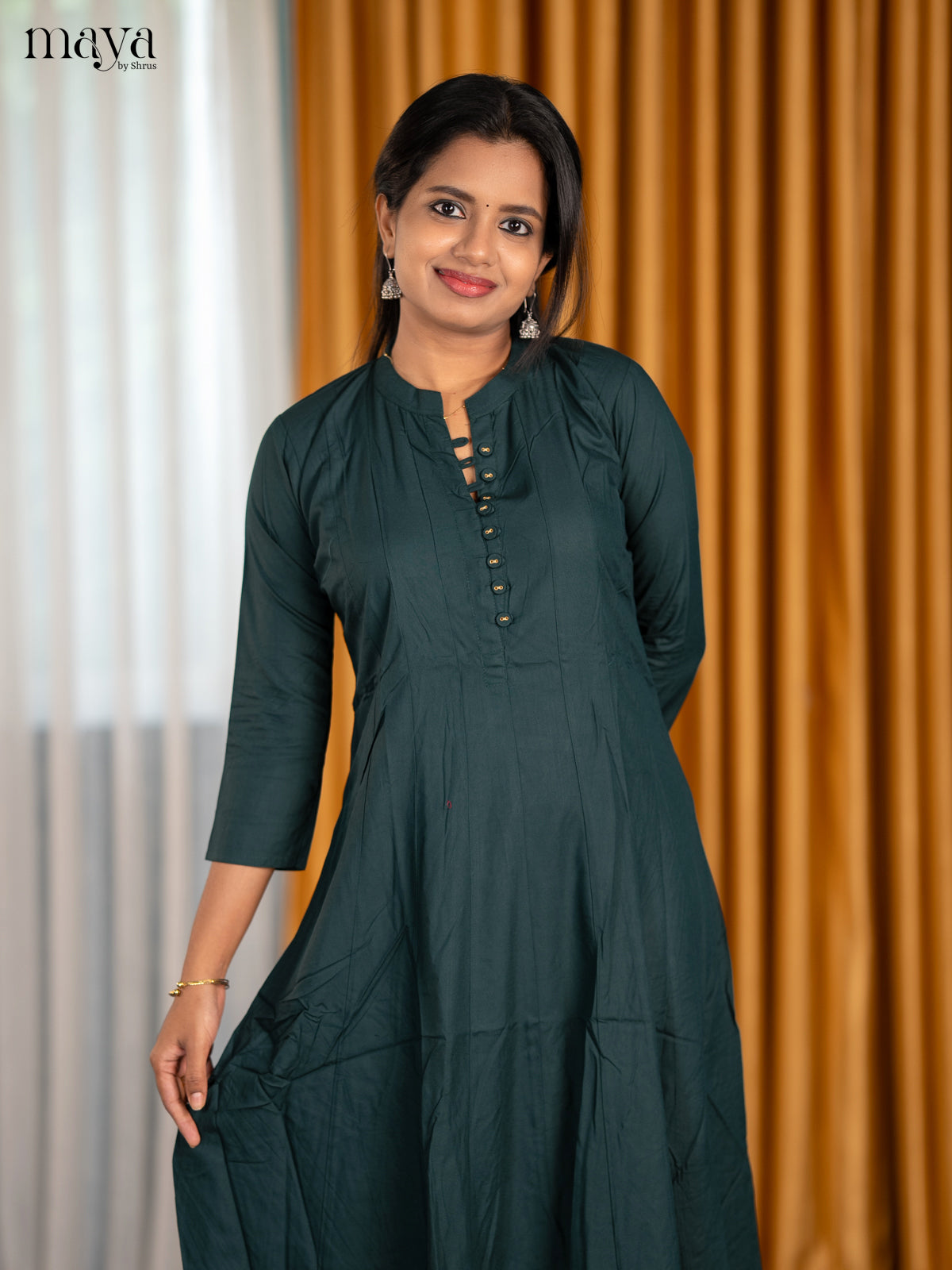 Serene Dark green A Line Kurti With Mandarin Collar