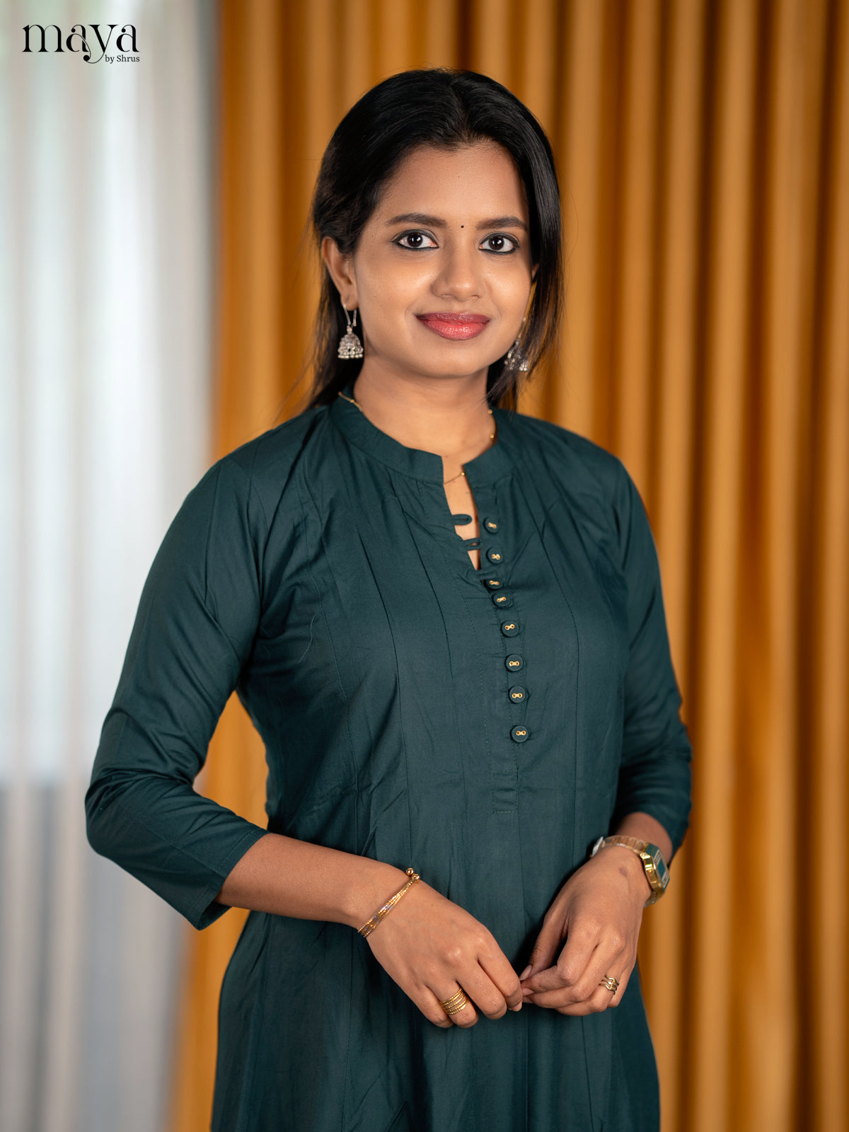 Serene Dark green A Line Kurti With Mandarin Collar