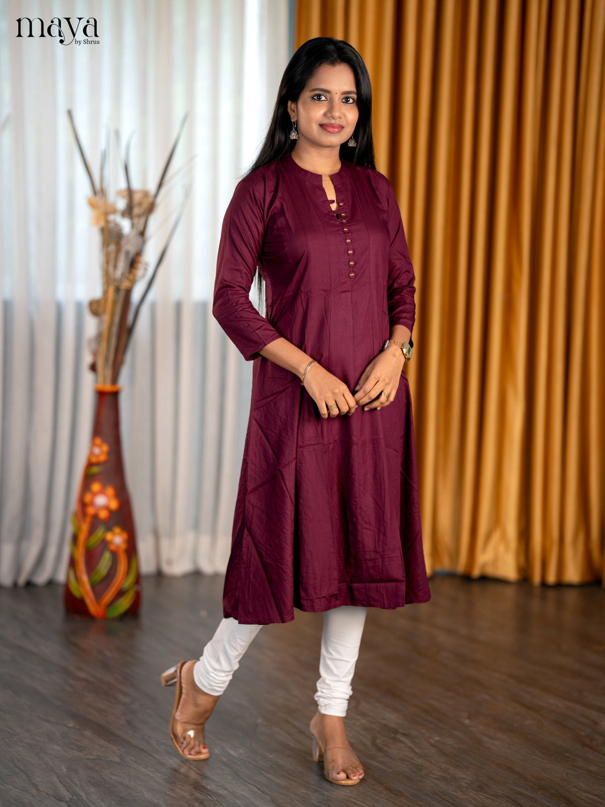 Serene Deep Maroon A Line Readymade Cotton Kurti