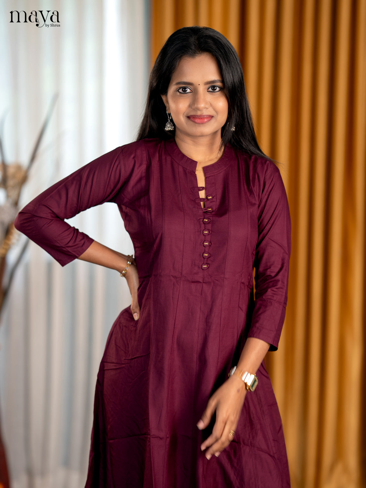 Serene Deep Maroon A Line Readymade Cotton Kurti