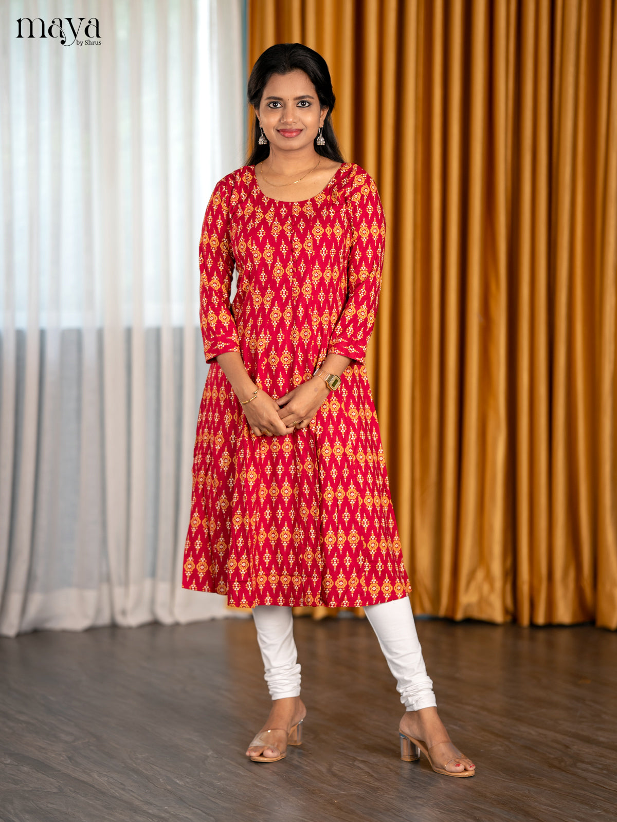 Red Anarkali Cotton Kurti With Ikkat Print & U Neck