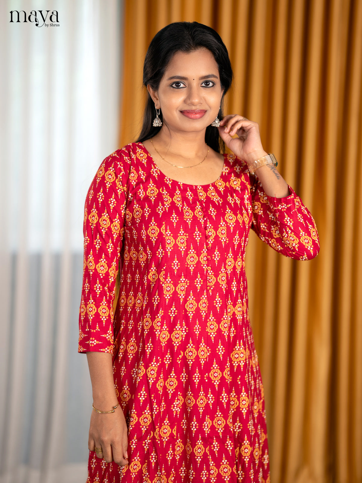 Red Anarkali Cotton Kurti With Ikkat Print & U Neck