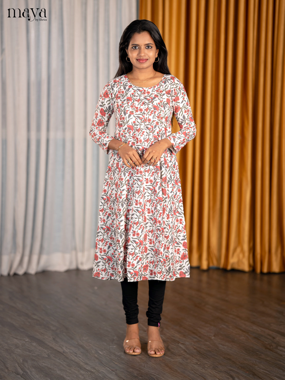 Beautiful White & Red Readymade Kurti With Floral Prints & Round Neck