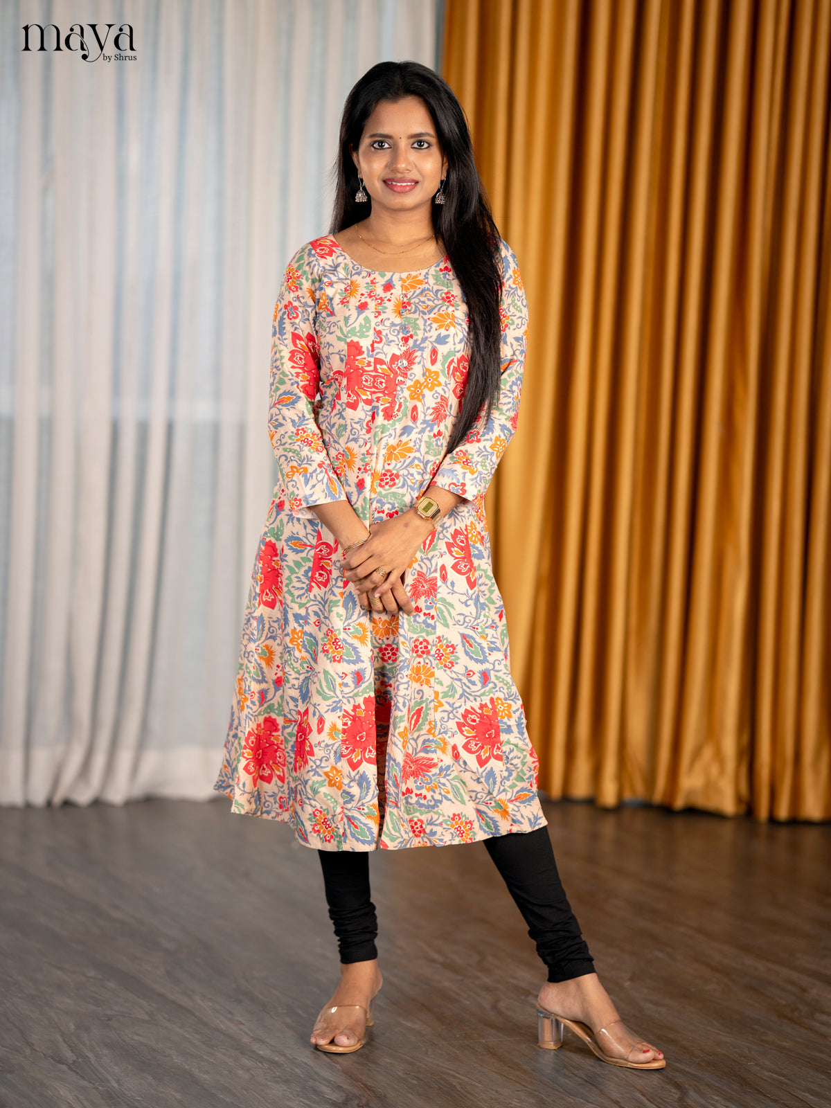 Vibrant Floral Cotton Kurti With Flowy Drape & Round Neck