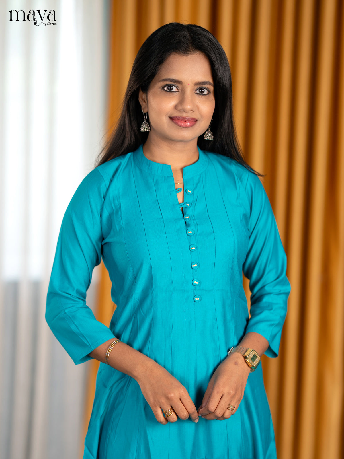 Elegant Azure Blue A Line Readymade Kurti With Mandarin Collar