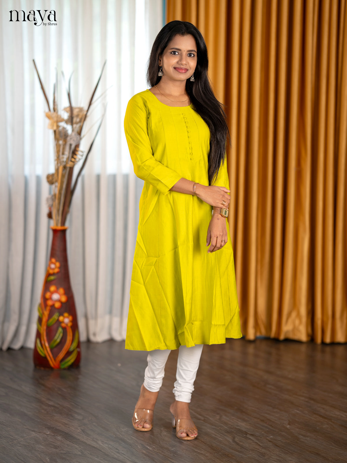 Bright Mustard Yellow Solid Readymade Kurti With Round Neck