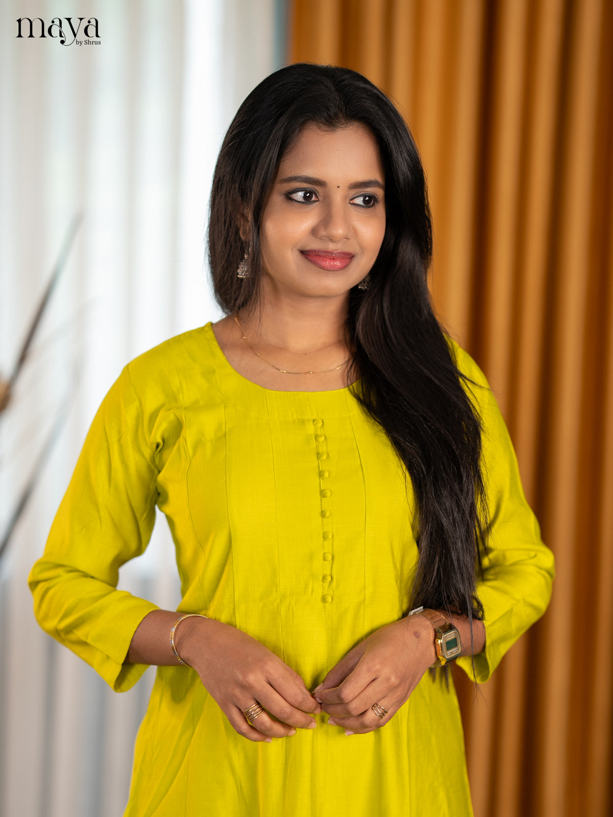 Bright Mustard Yellow Solid Readymade Kurti With Round Neck