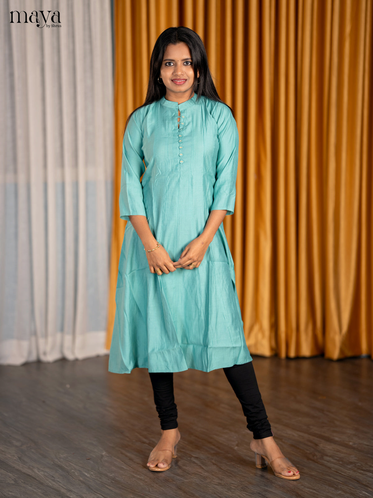 Stylish Teal Solid A-Line Kurti With Mandarin Collar