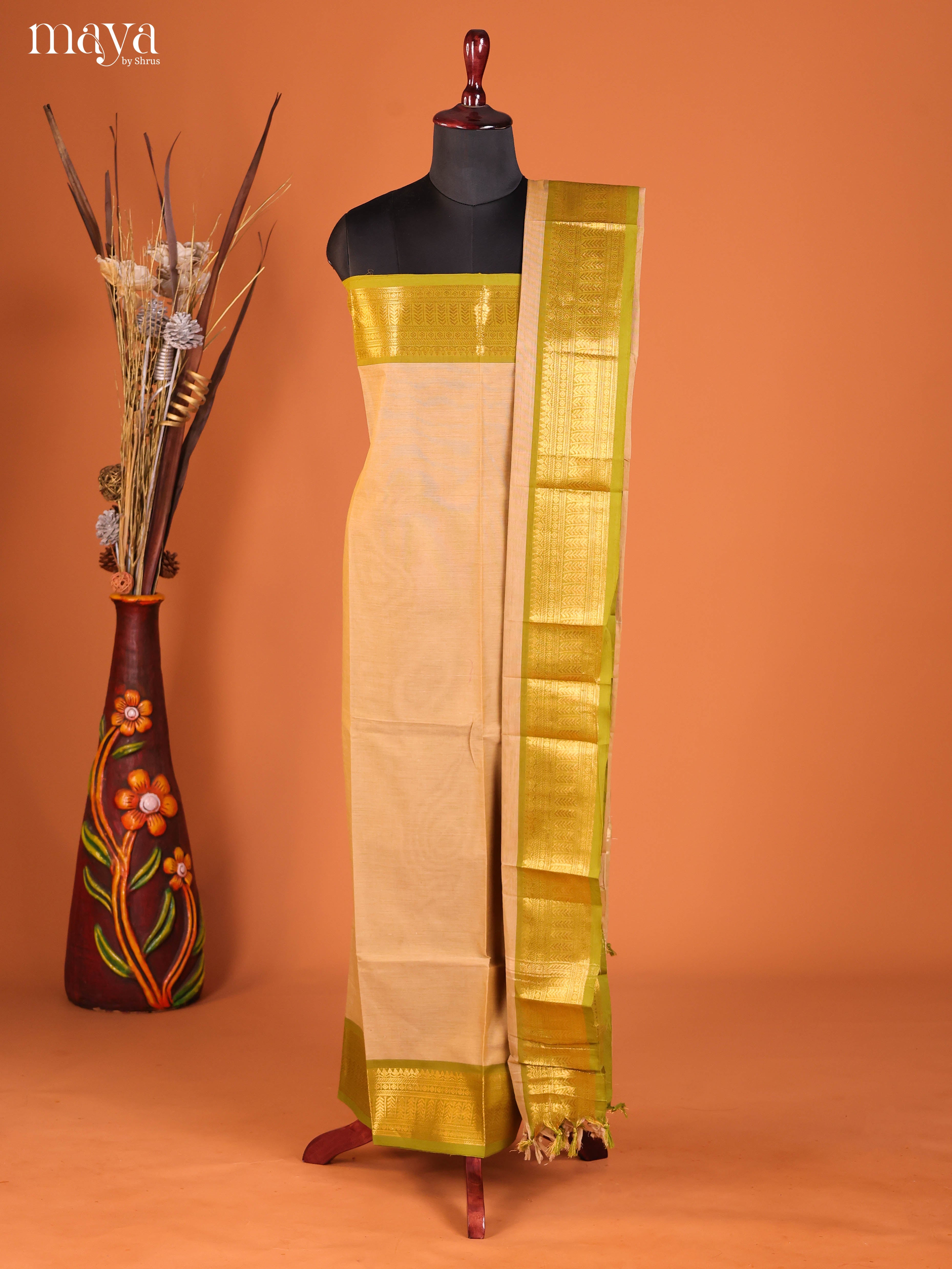 Pretty Cream Chettinad Cotton Top & Dupatta Set With Green Zari Border