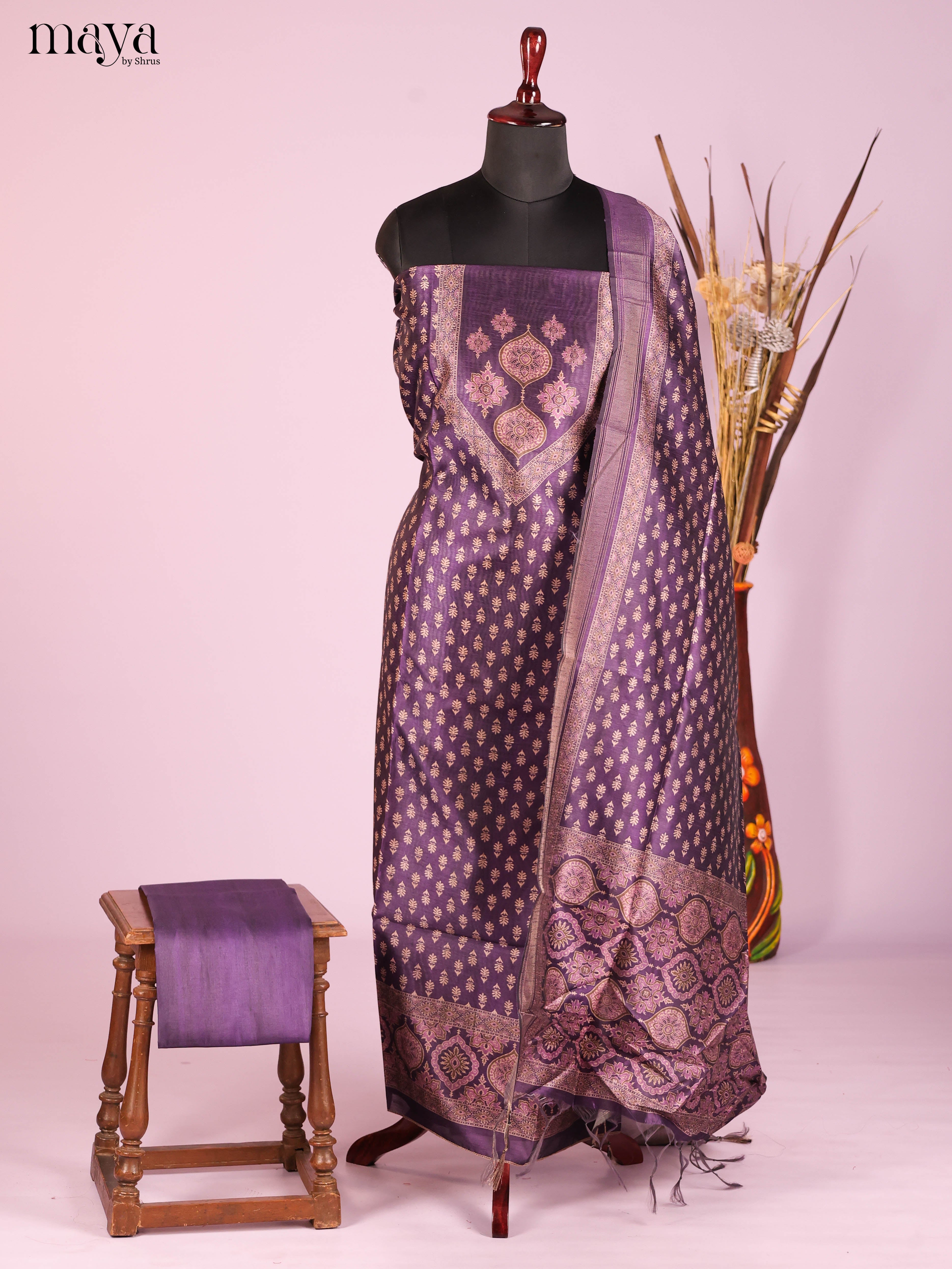 Classy Purple Semi Tussar Salwar Material With Traditional Prints