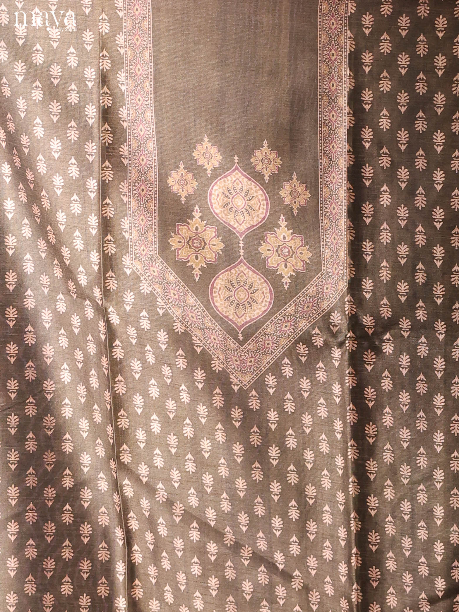 Classic Olive Brown Semi Tussar Salwar Material With Traditional Prints