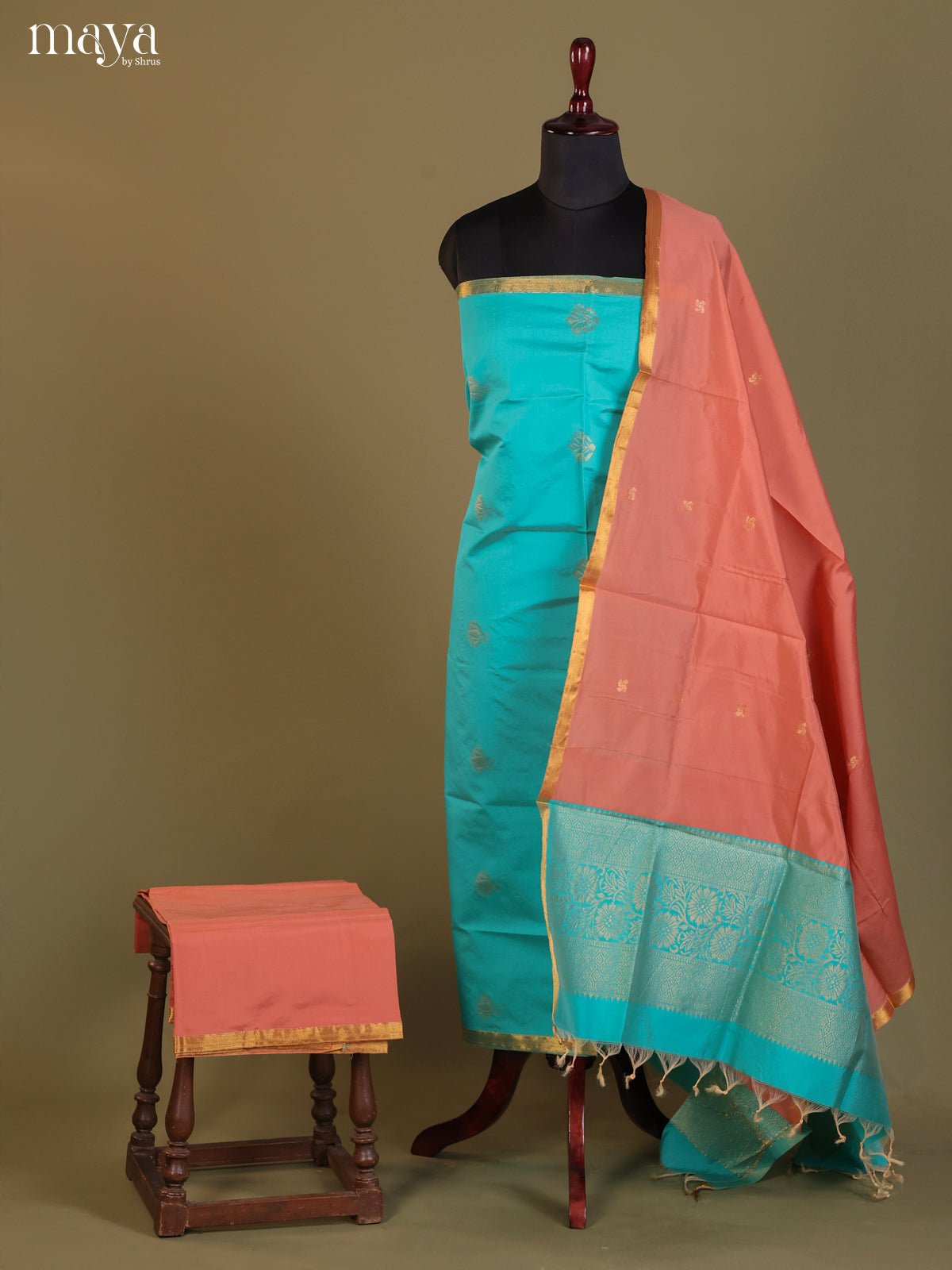 Blue & Peach-semi softsilk salwar Unstitch