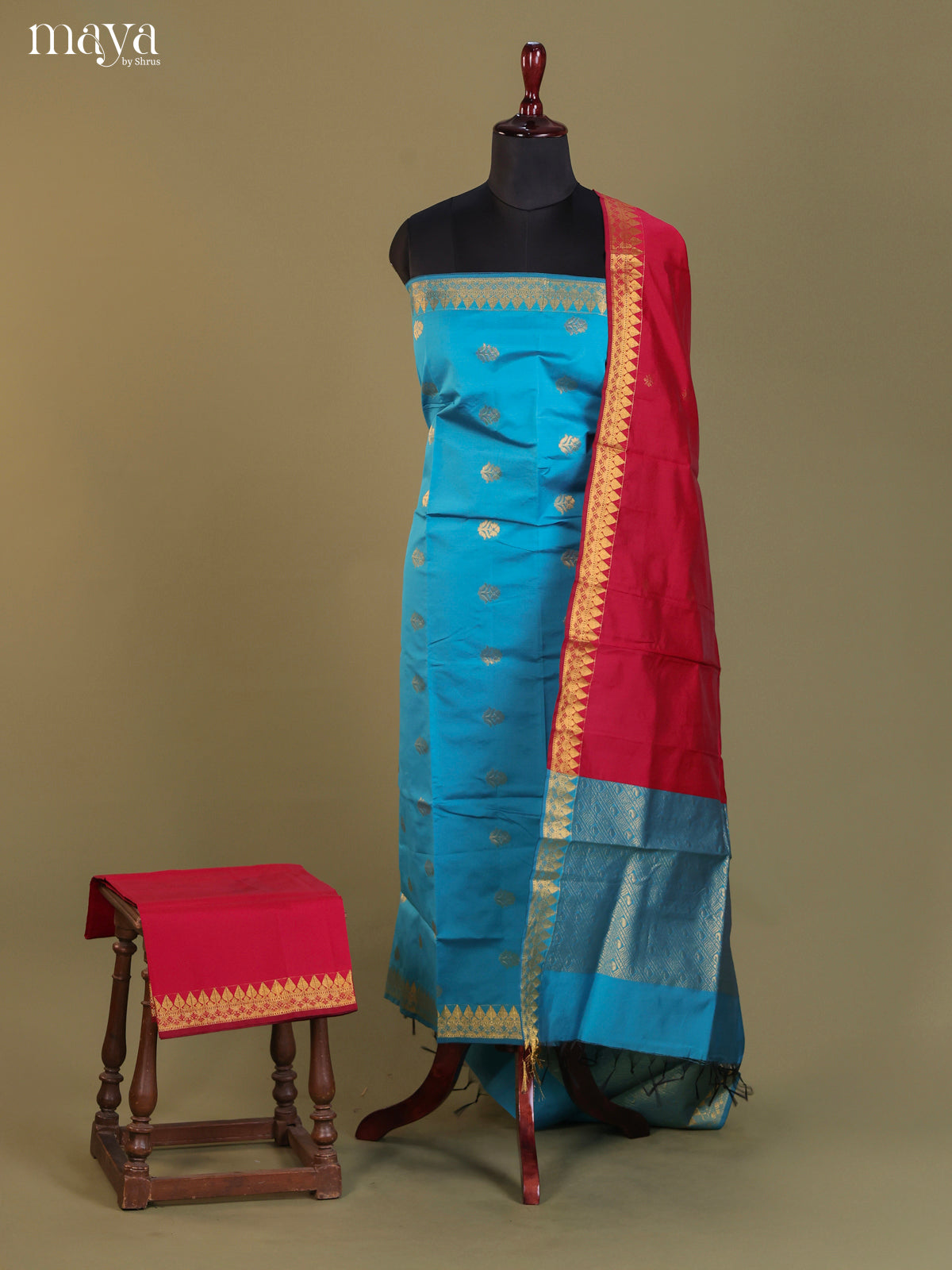 Blue & Red-semi softsilk salwar Unstitch
