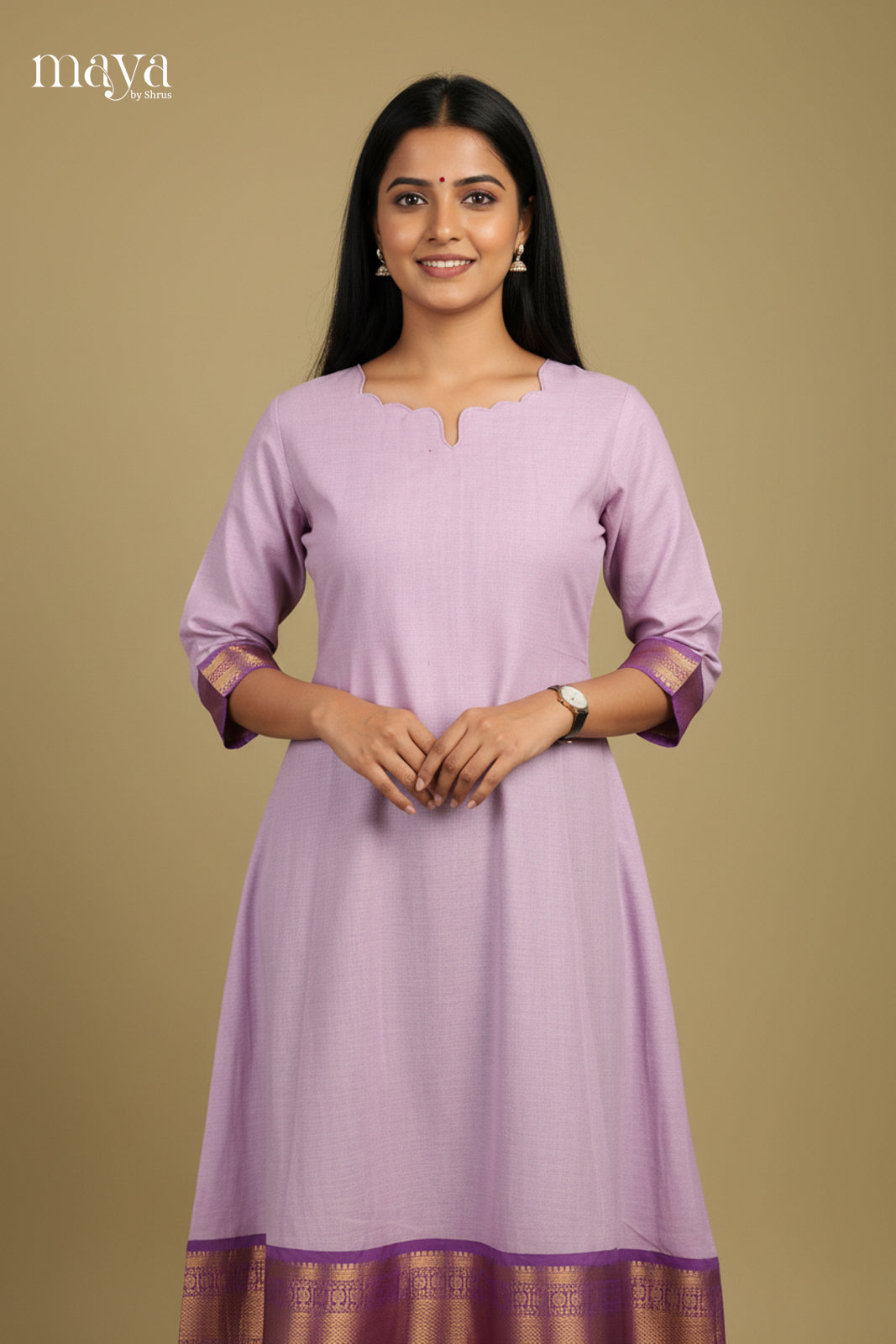 Chic Lavender Chettinad Cotton Long Kurti With Purple Zari Border