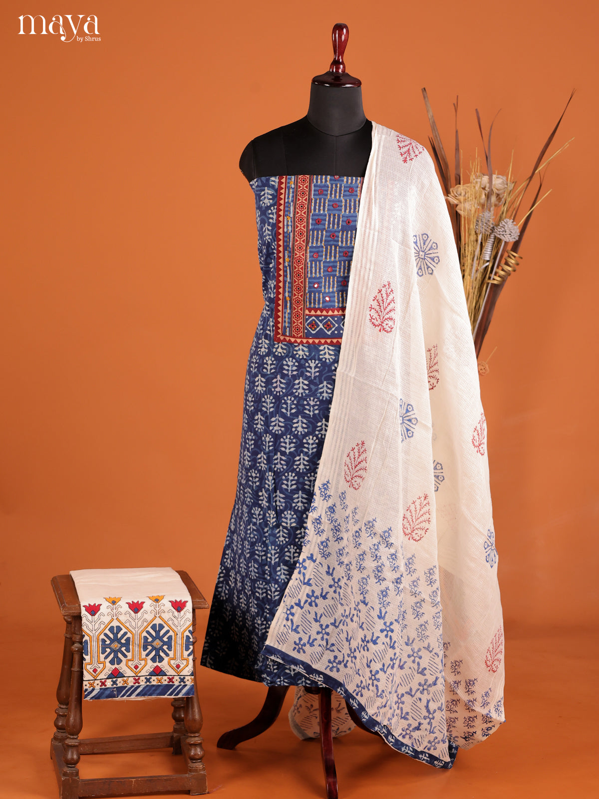Pretty Indigo Blue Ajrakh Cotton Salwar Material With White Dupatta