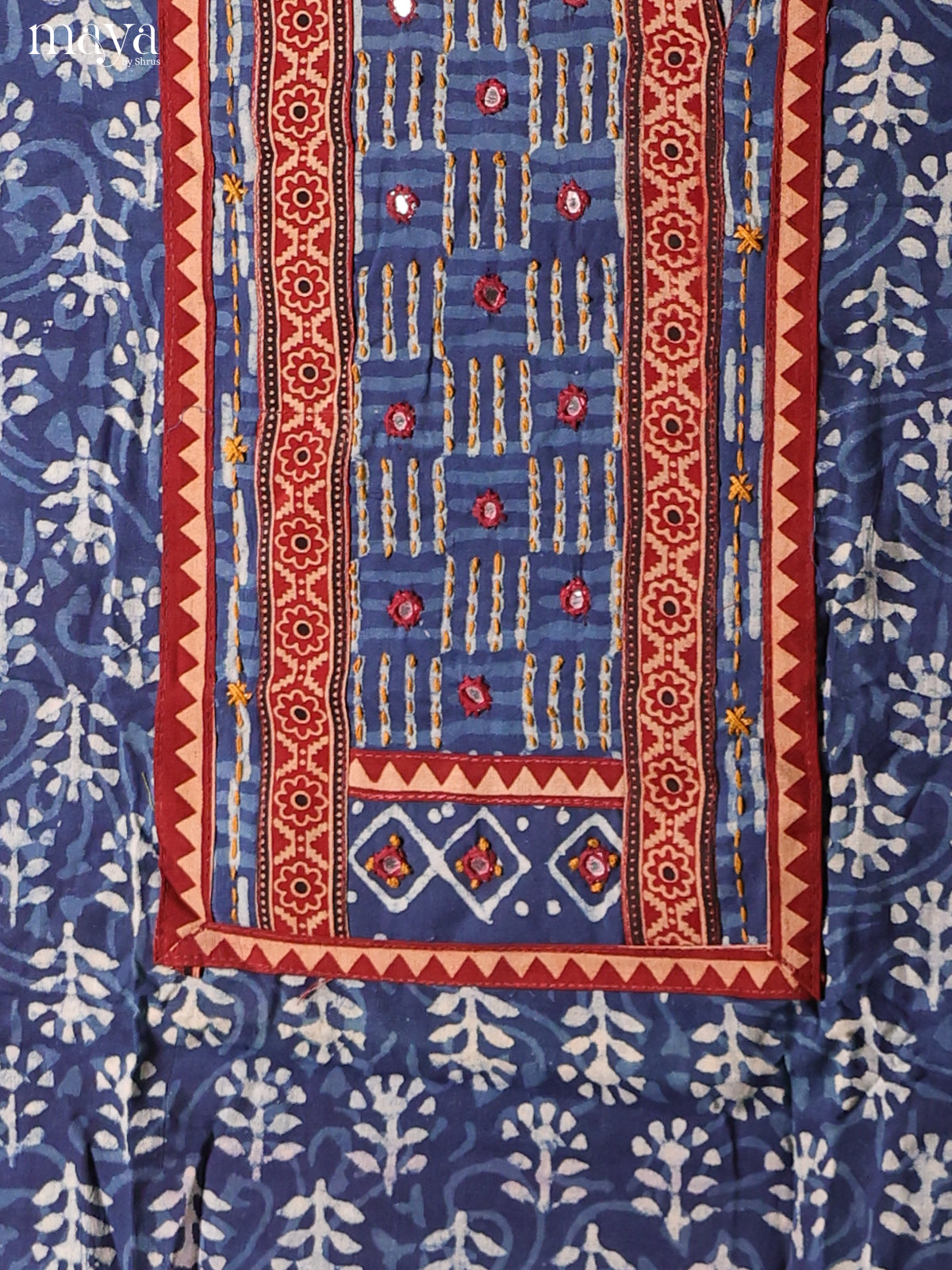 Pretty Indigo Blue Ajrakh Cotton Salwar Material With White Dupatta
