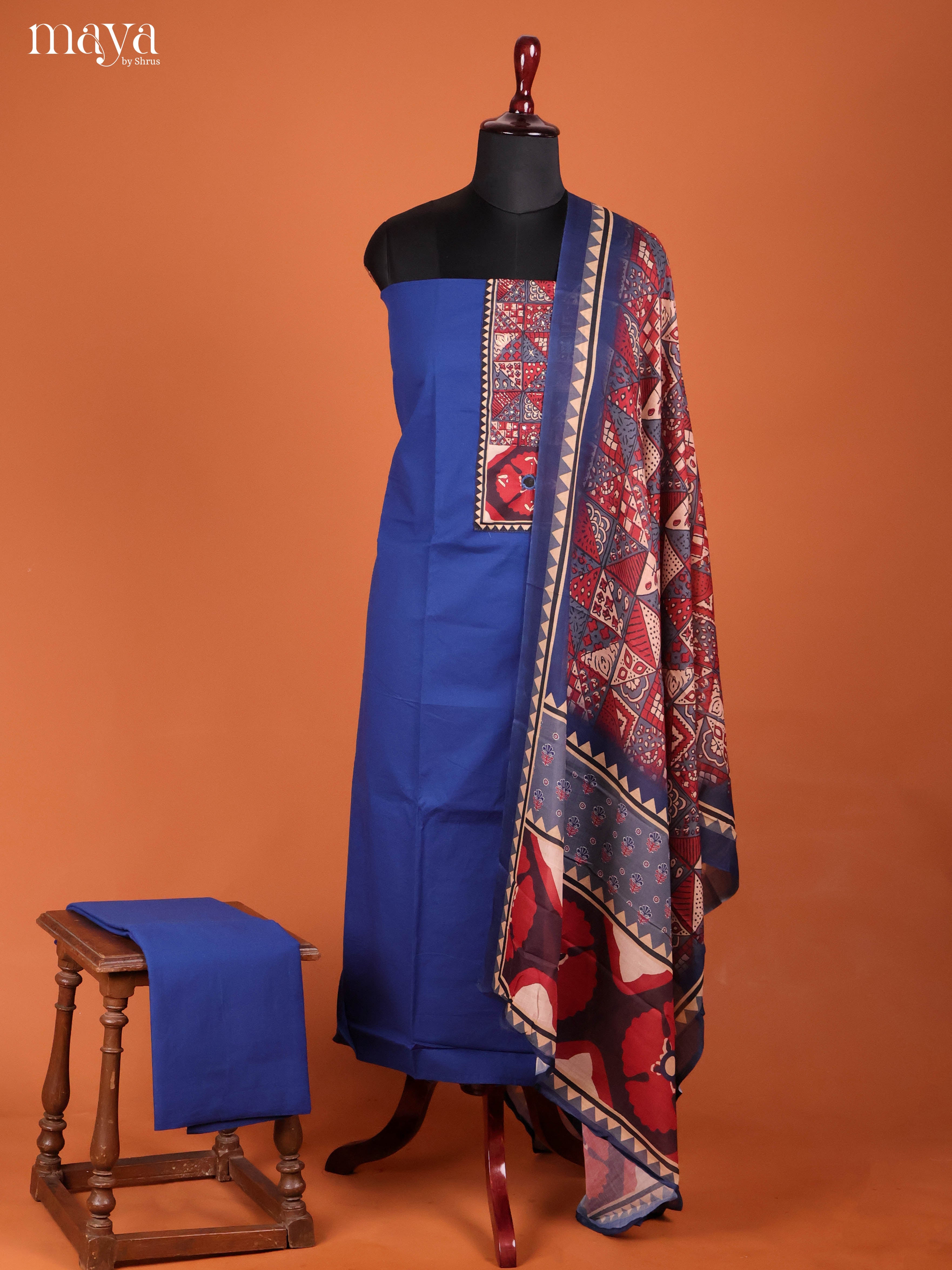 Pretty Blue Ajrakh Cotton Salwar Material With Printed Dupatta