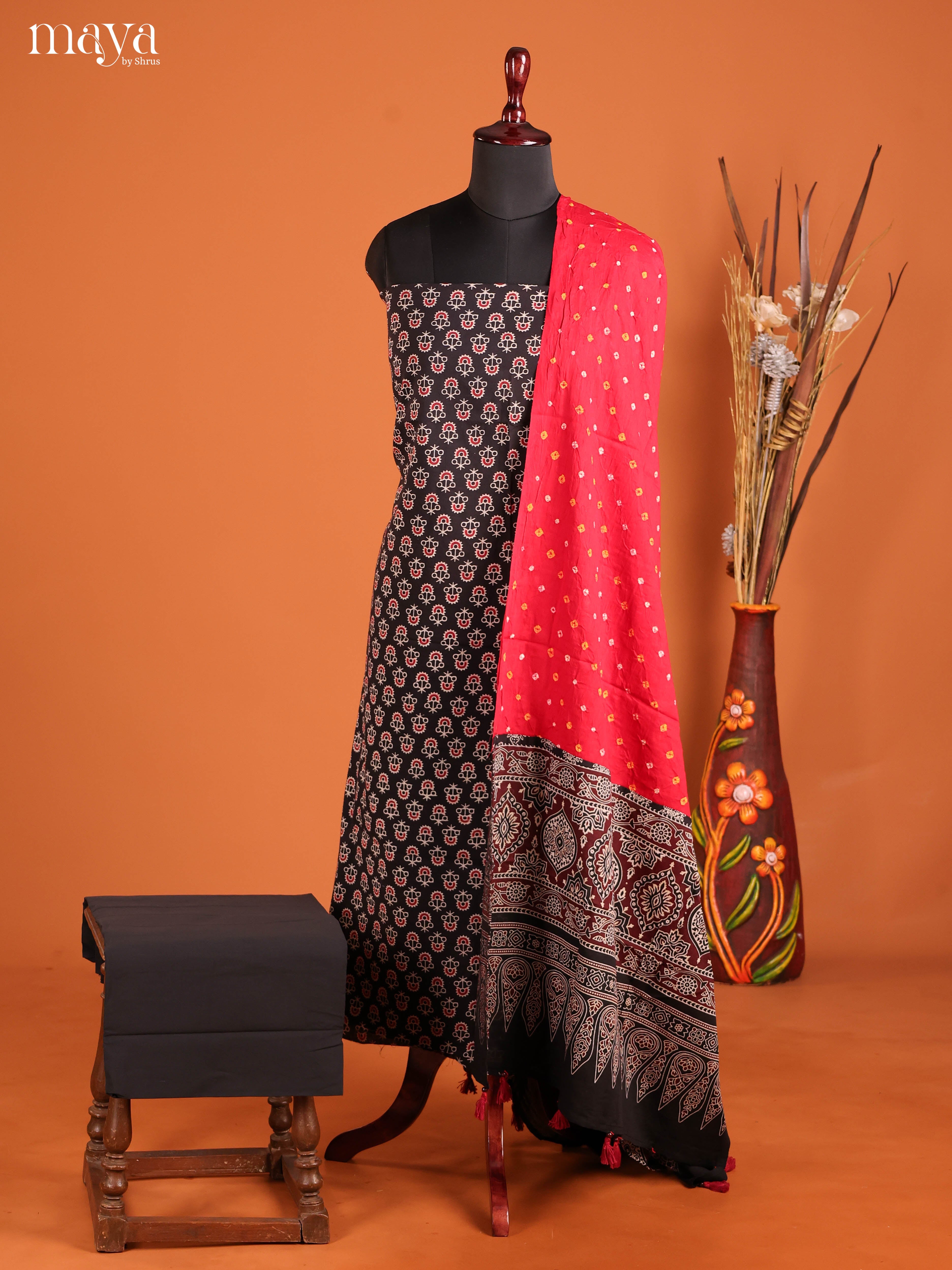 Stylish Black Ajrakh Cotton Salwar Material With Red Dupatta