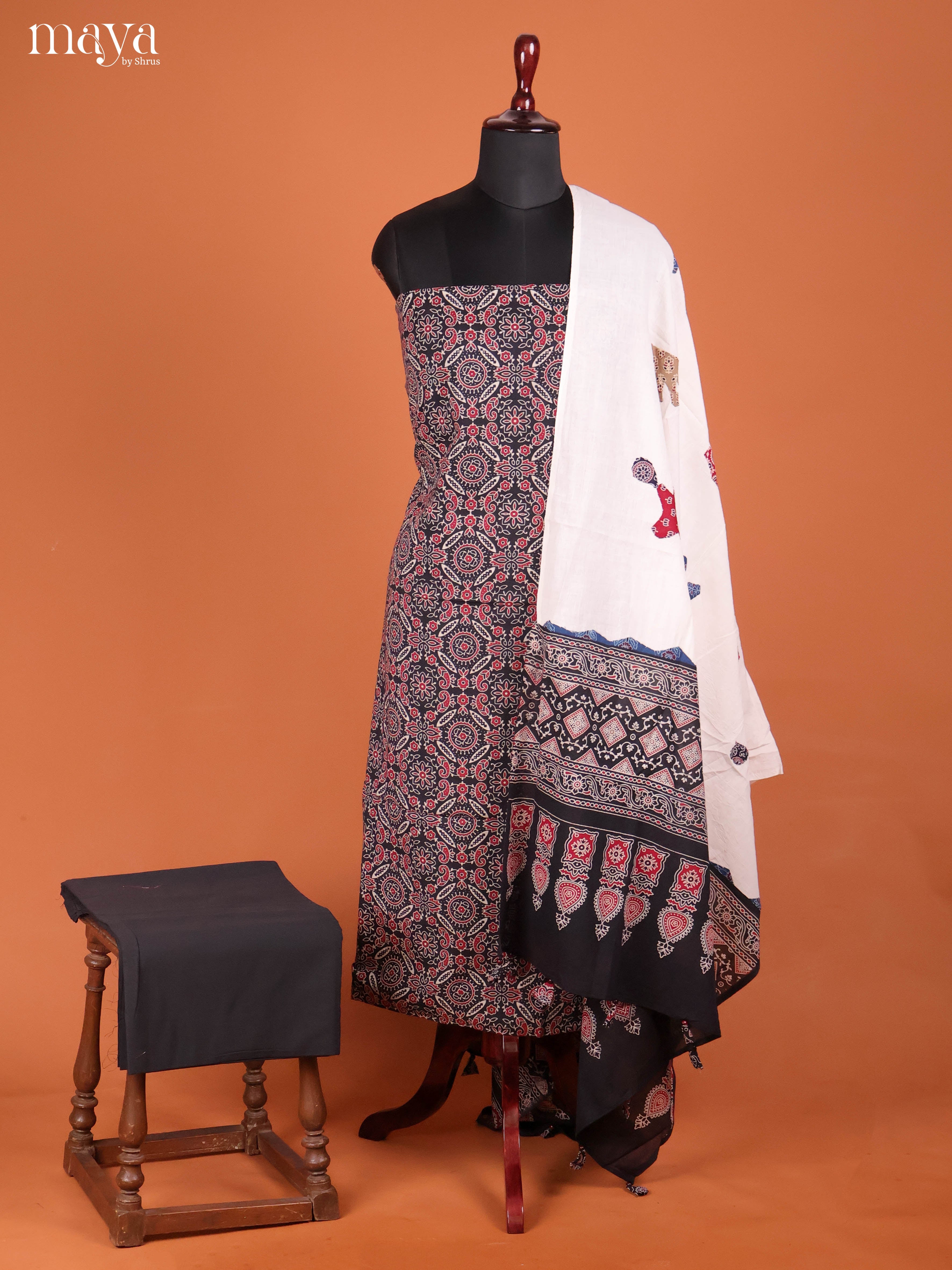 Pretty Black Ajrakh Cotton Salwar Material With Cream Dupatta