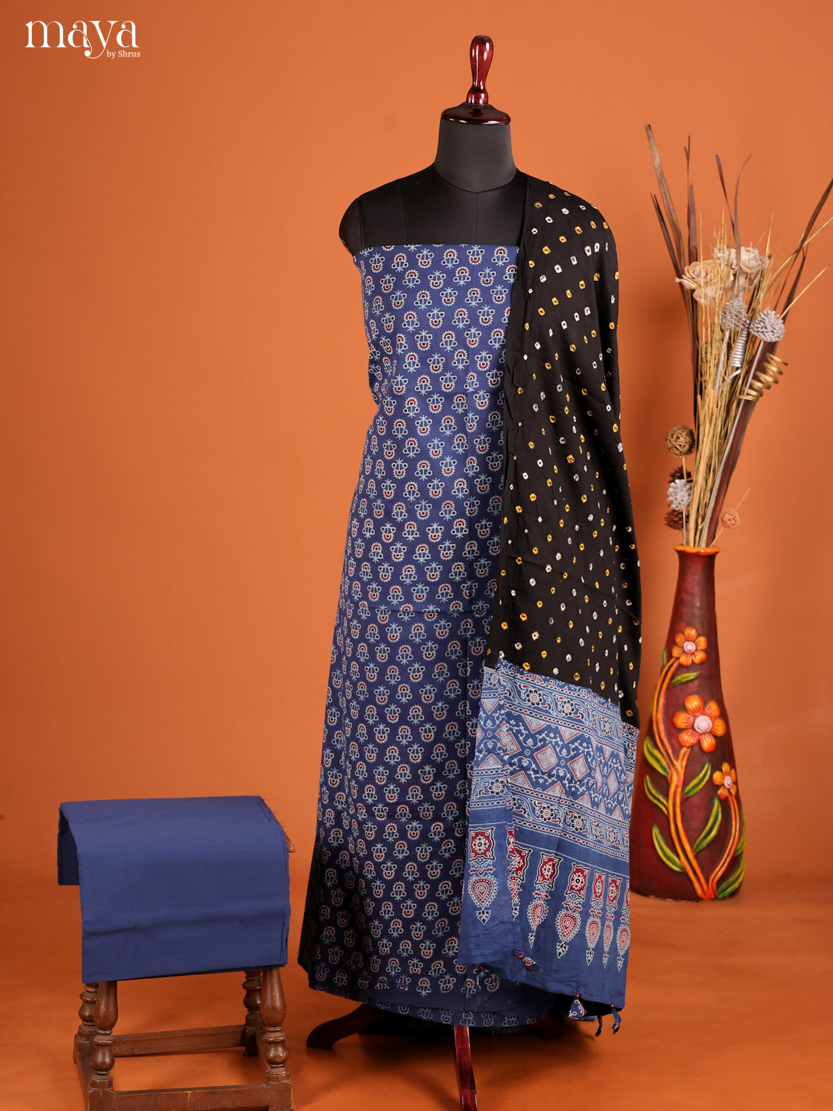 Regal Navy Blue Ajrakh Salwar Material With Black Dupatta