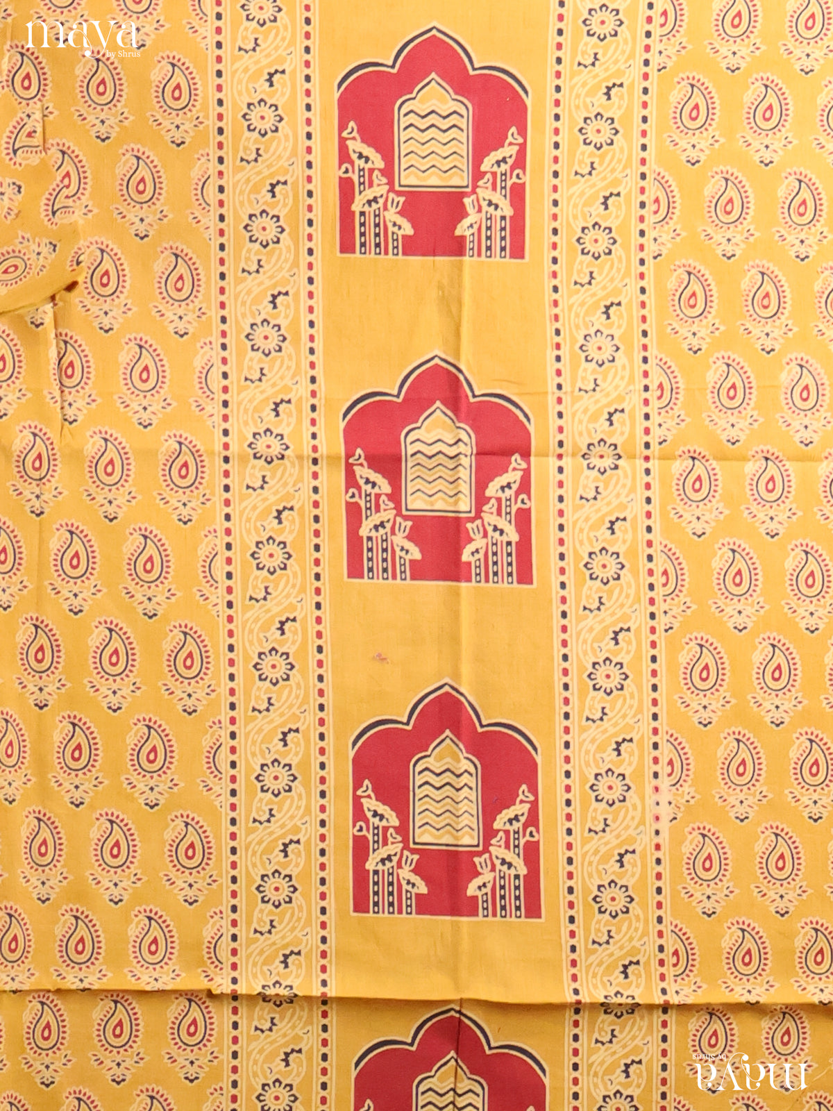 Charming Yellow Ajrakh Cotton Suit Material With White Dupatta