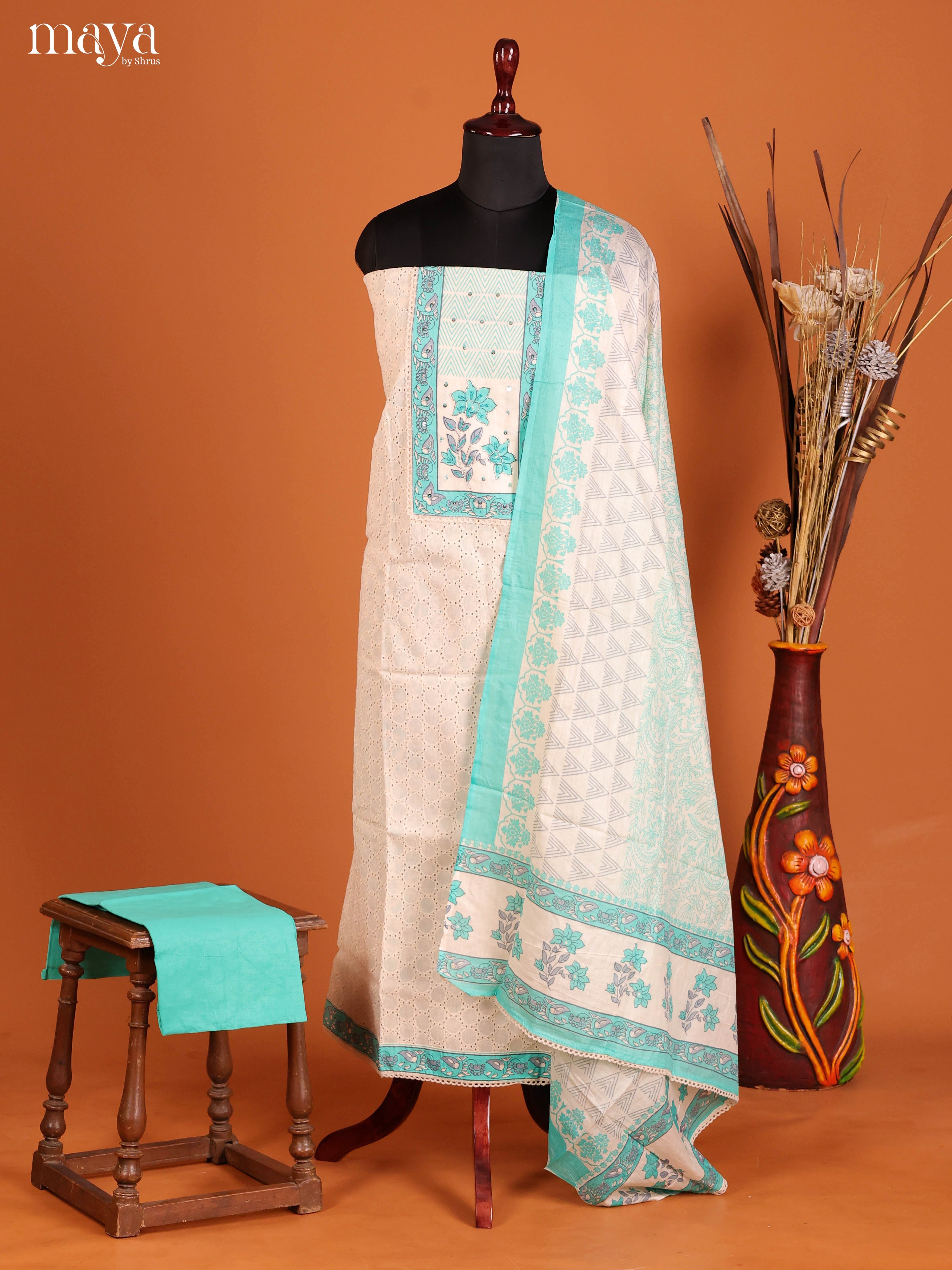 Pretty Cream Chikankari Cotton Salwar Suit Material With Blue Yoke Neck