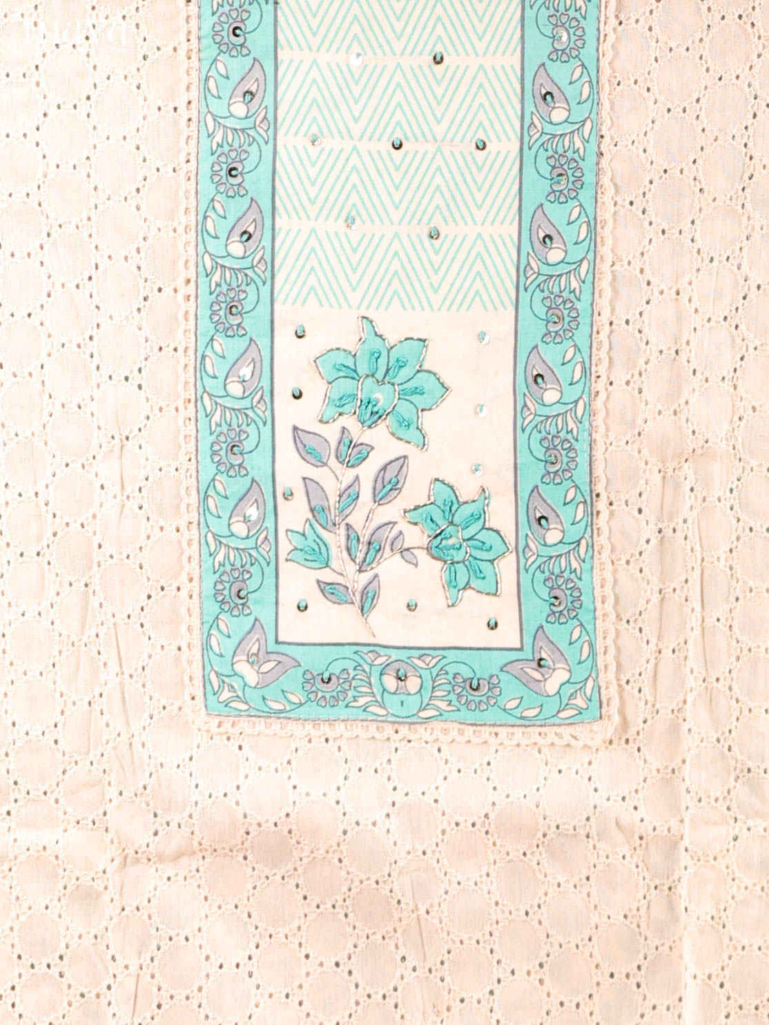 Pretty Cream Chikankari Cotton Salwar Suit Material With Blue Yoke Neck