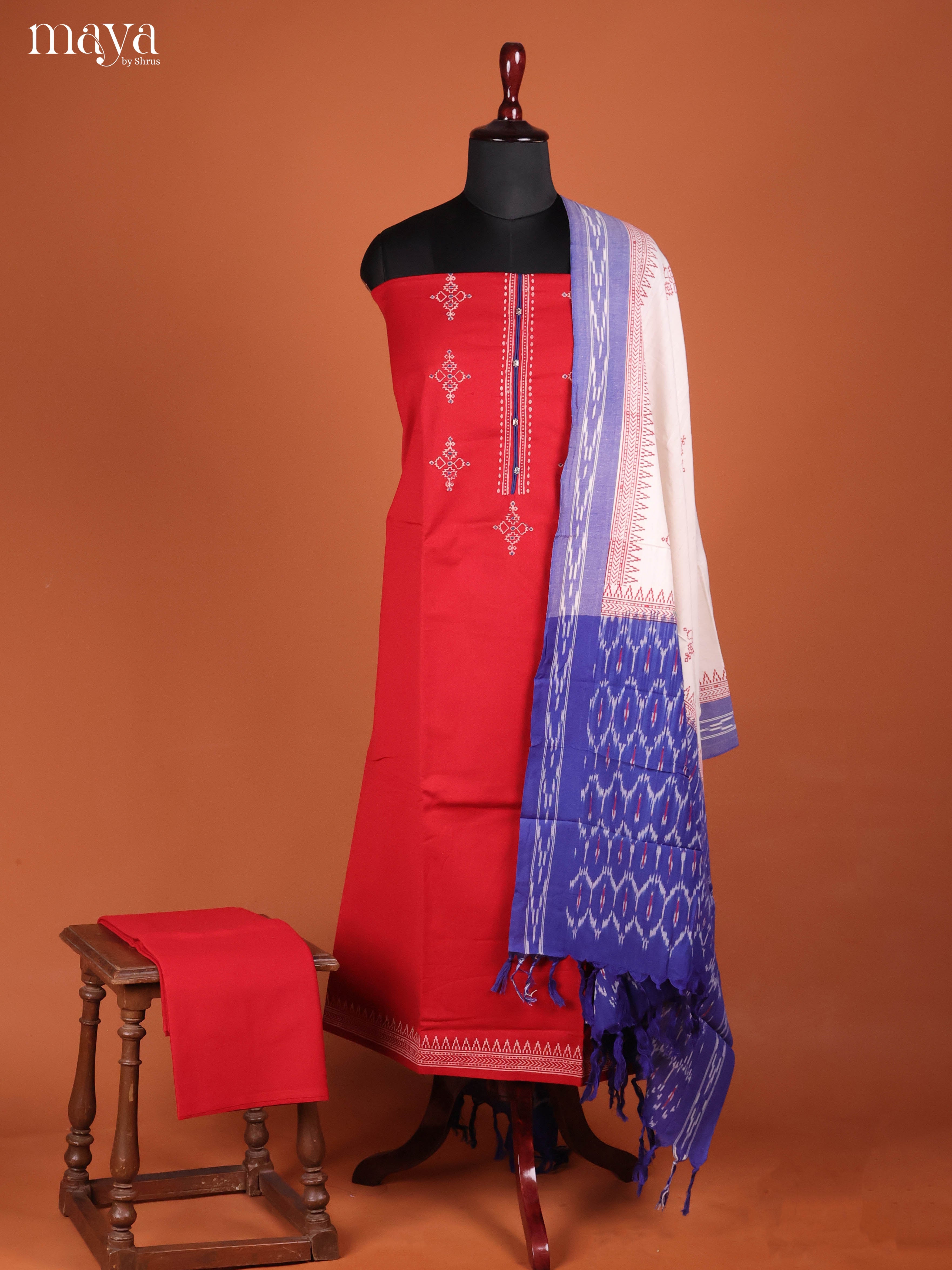 Exquisite Red Cotton Salwar Set Material With Zari Border & Kolam Prints
