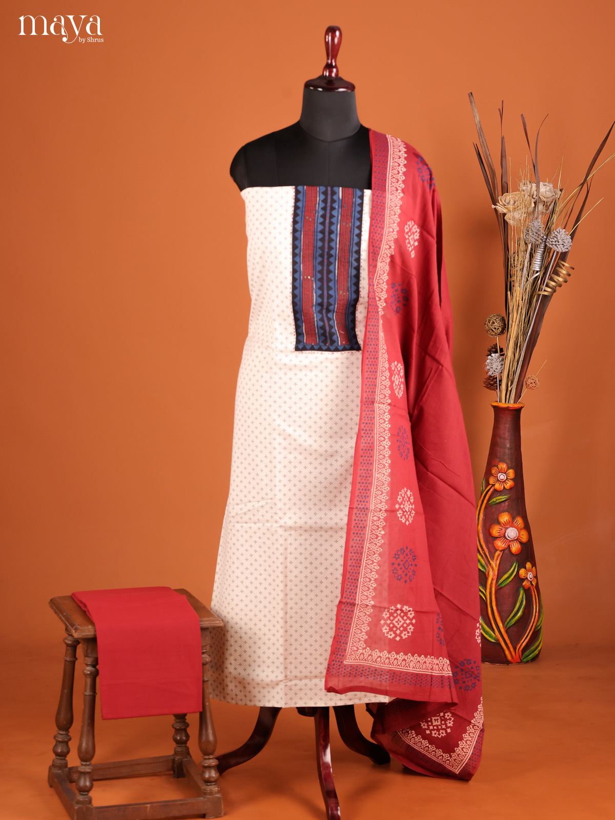 Charming Cream Cotton Salwar Suit Material With Contrast Yoke Neck