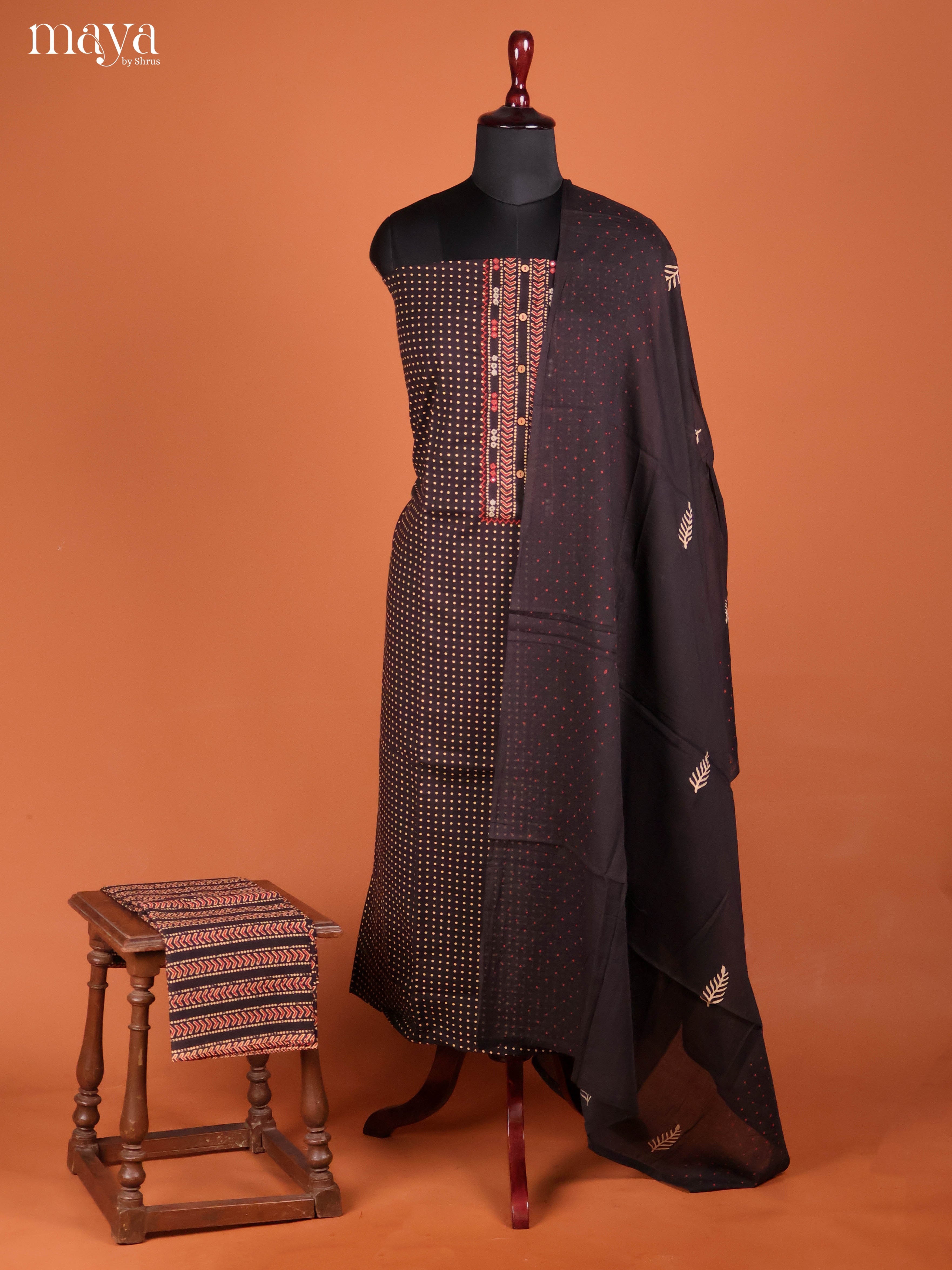 Striking Black Cotton Unstitched Salwar Suit Set With Polka Dot Prints