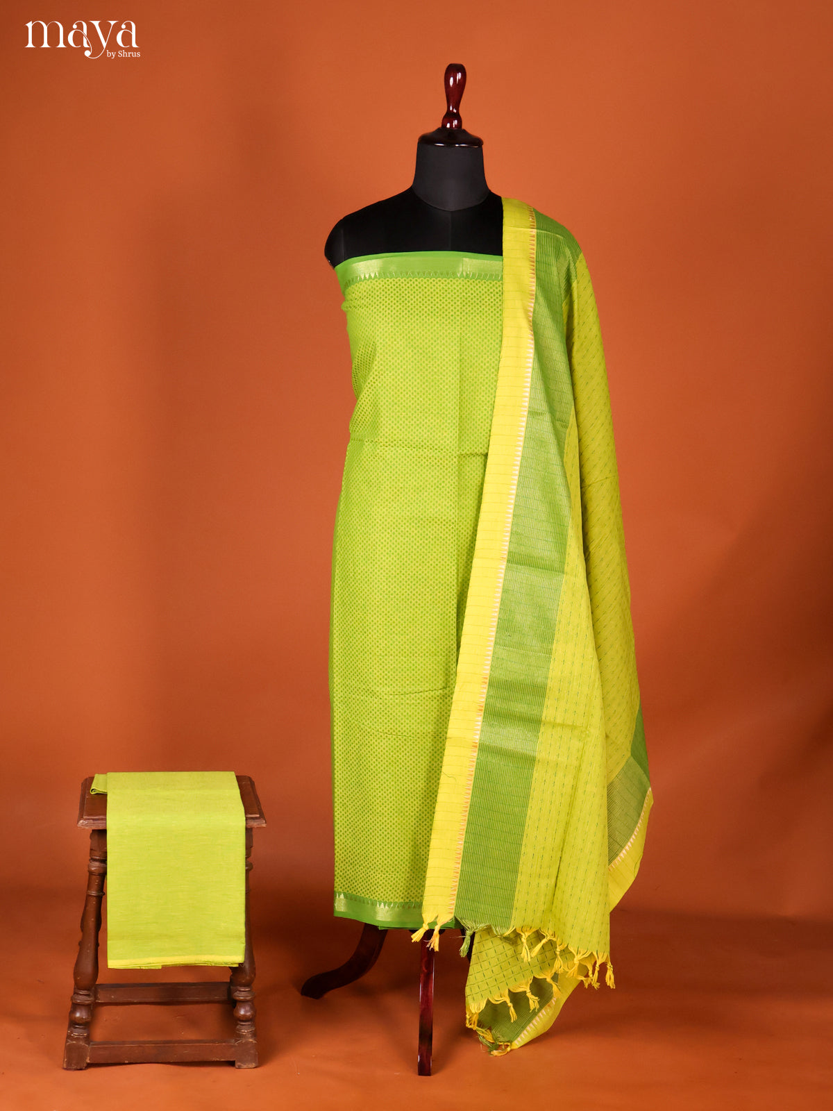 Vibrant Lime Green Woven Cotton Salwar Set Material With Zari Border