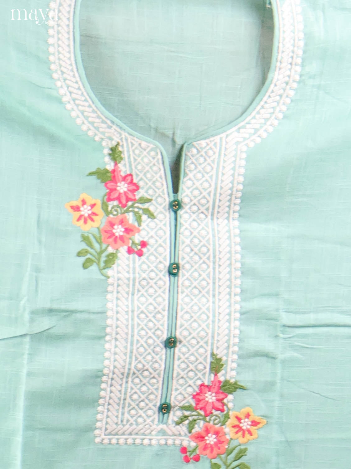 Graceful Pastel Blue Cotton Unstitched Salwar Set With Embroidered Neck