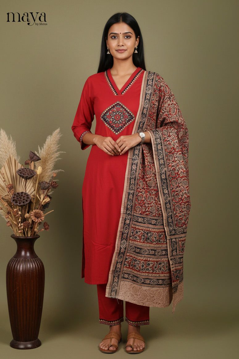 Pretty Red Readymade Salwar Set with V Neck & Kalamkari Dupatta